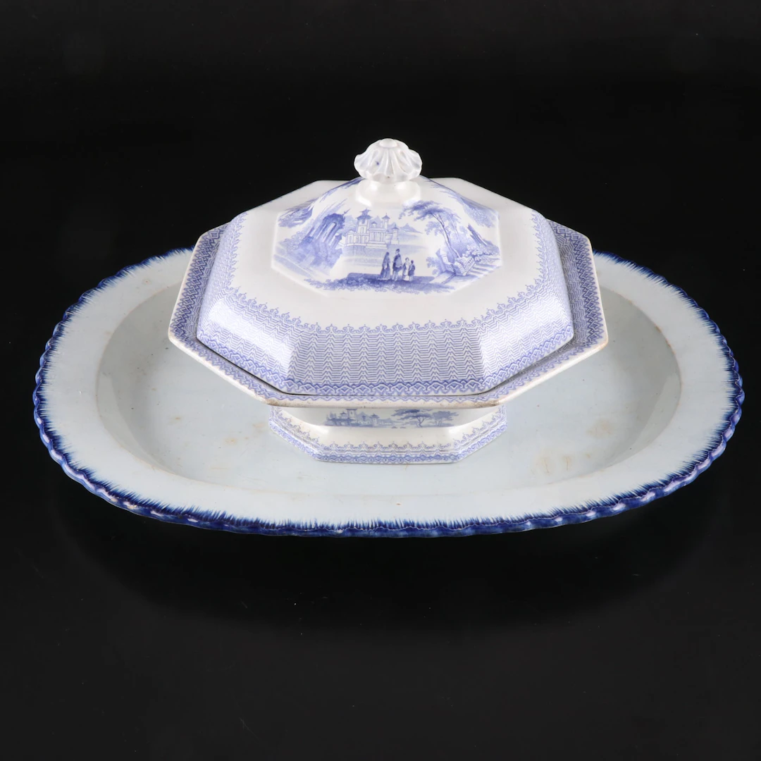 Herculaneum "Blue Feather" Platter with W. Adams & Sons "Cassino" Dish, Antique