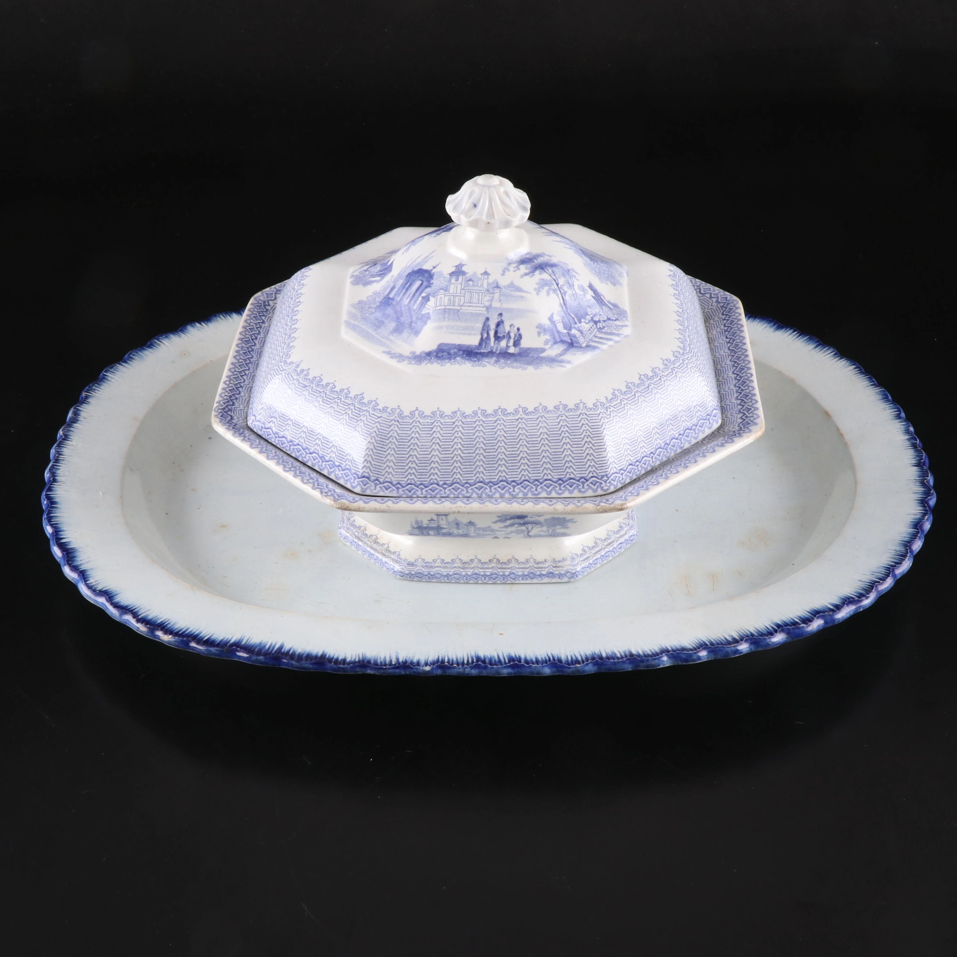 Herculaneum "Blue Feather" Platter with W. Adams & Sons "Cassino" Dish, Antique