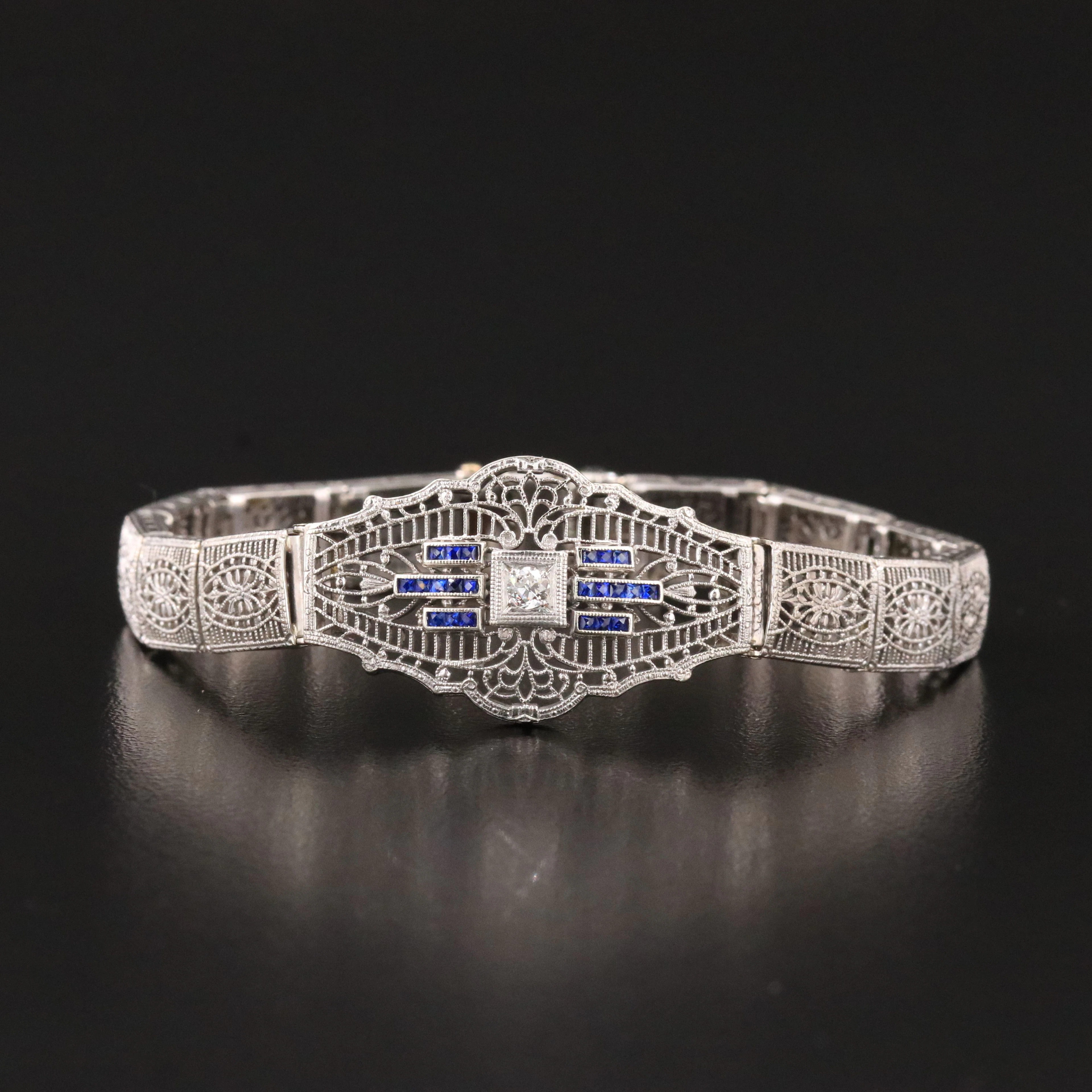 Art Deco Platinum 0.09 CT Diamond and Sapphire Filigree Panel Bracelet