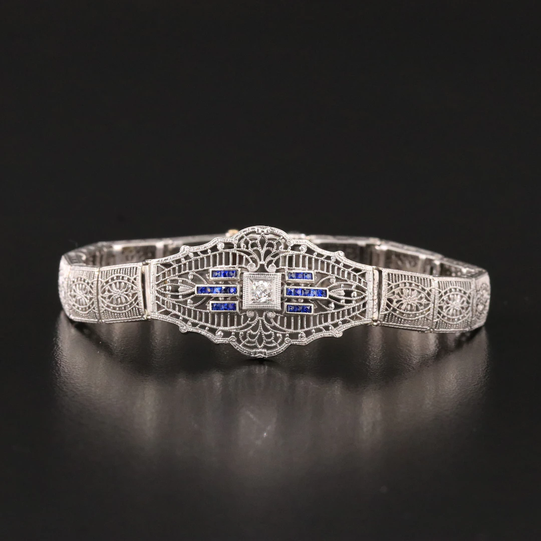 Art Deco Platinum 0.09 CT Diamond and Sapphire Filigree Panel Bracelet