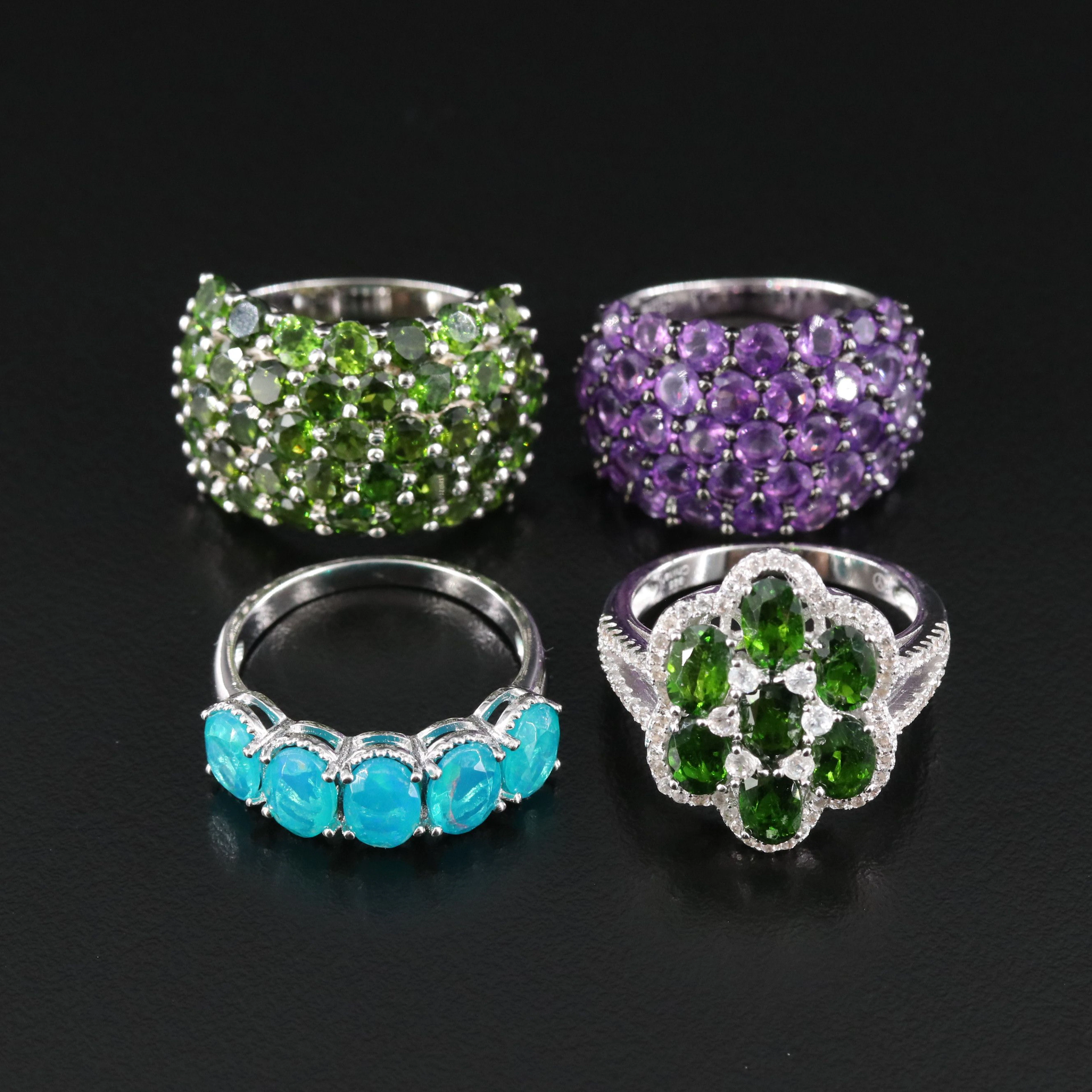 Sterling Amethyst, Chrome Diopside and Opal Rings