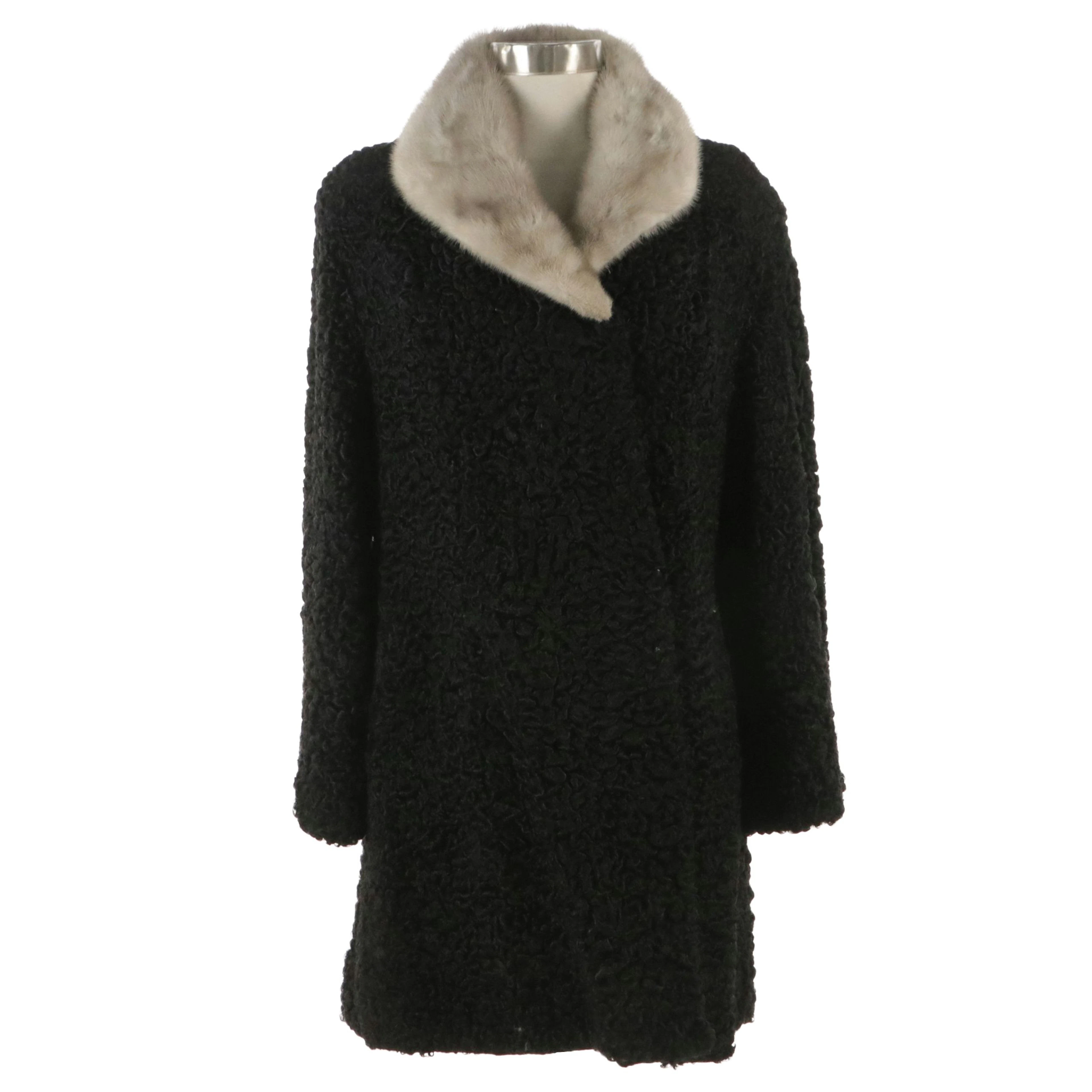 Miller's Furs Vintage Black Curly Persian Lamb Fur Coat with Silver Mink Collar