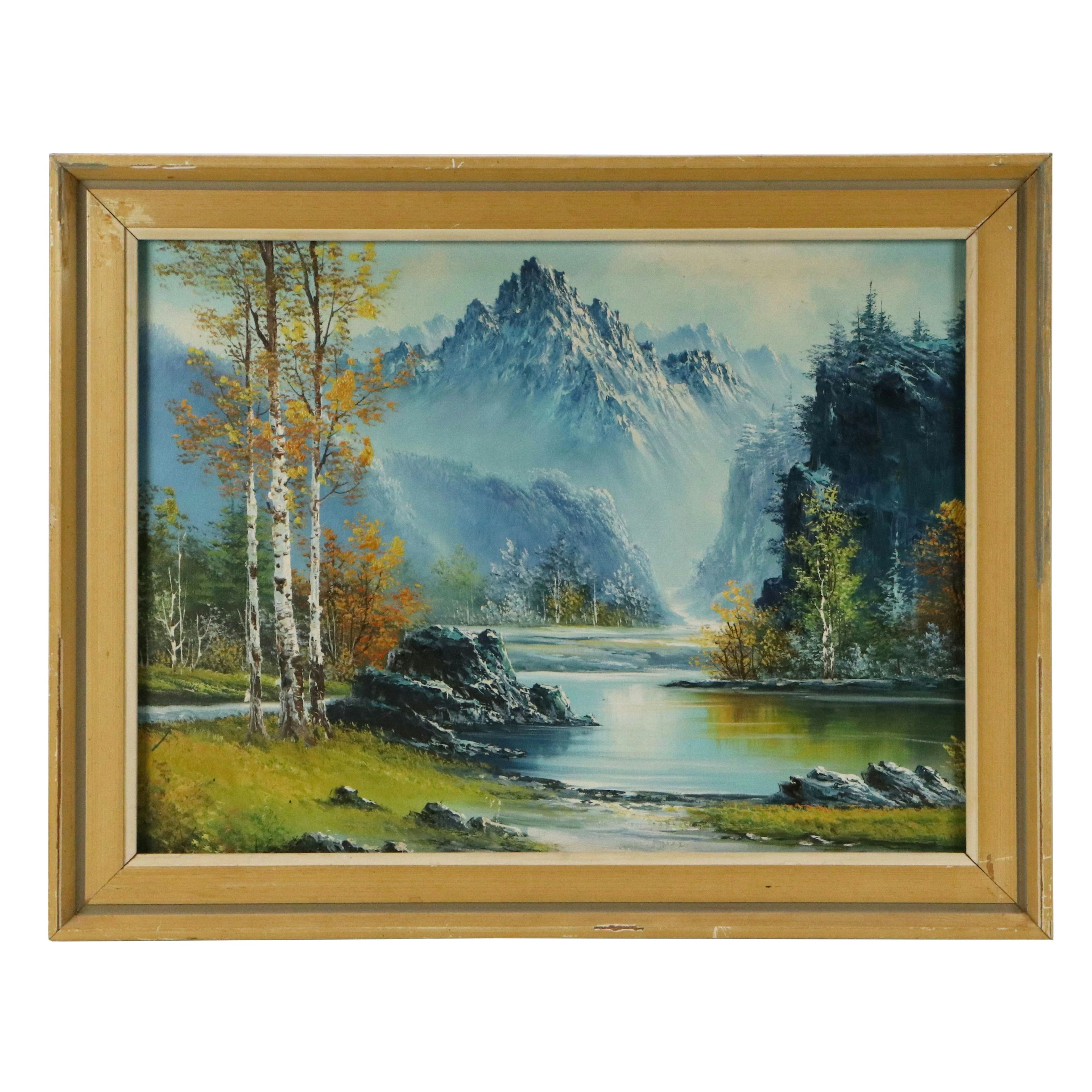 Impressionistic Landscape Oil Painting of Autumn Birch Trees at Mountain Lake