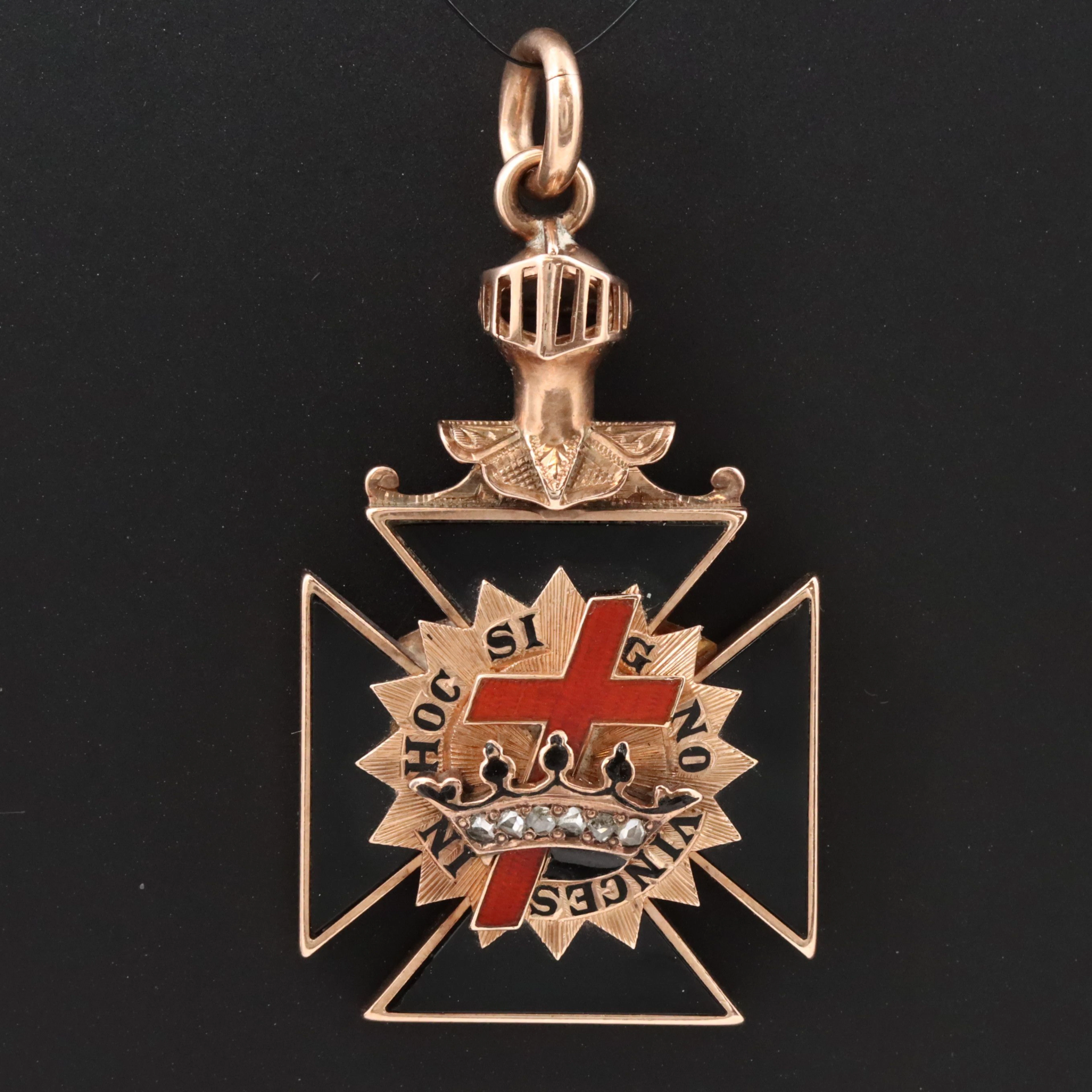 Antique Masonic Knights Templar 14K Black Onyx, Diamond, Enamel Watch Fob