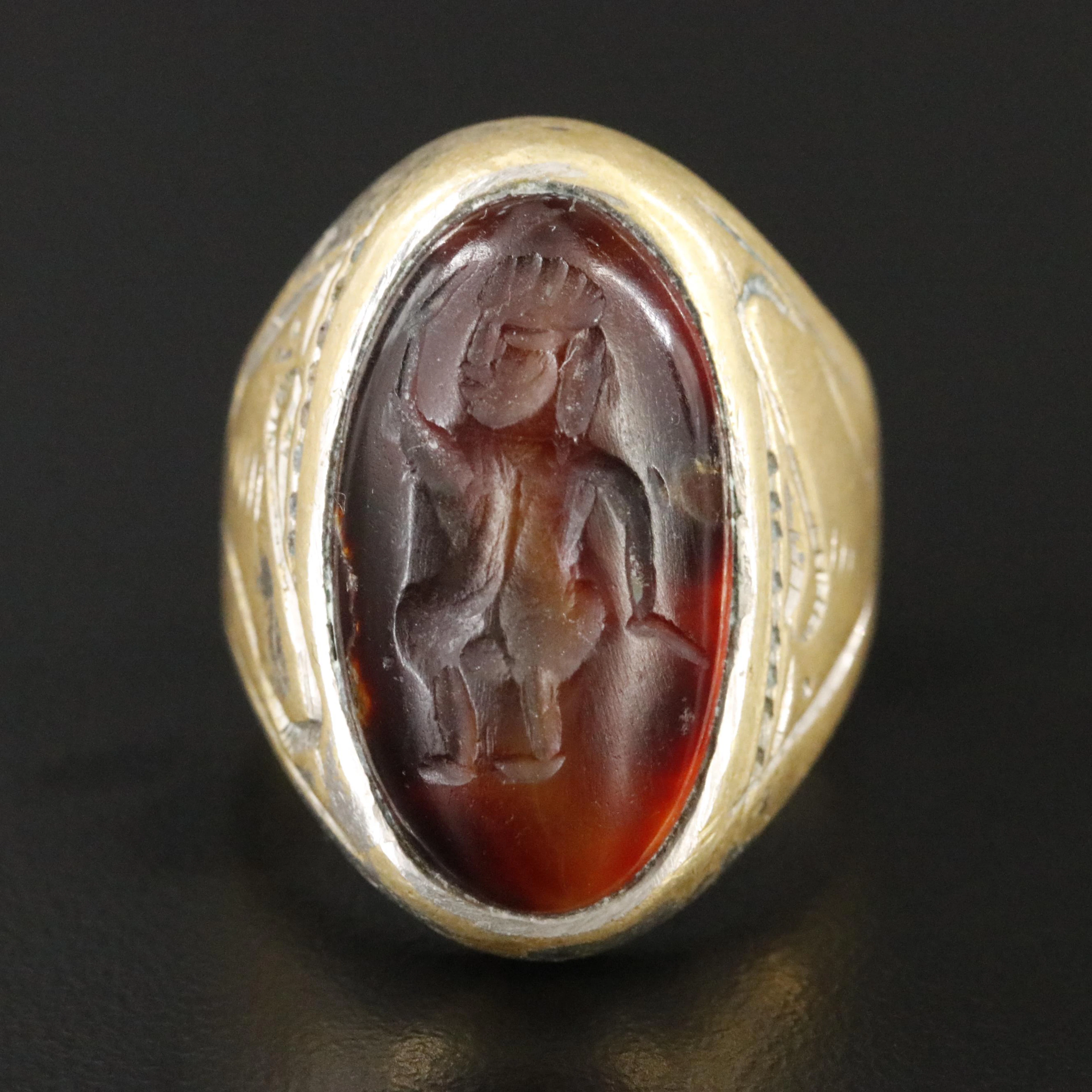 Vintage Greco-Roman Brass and Agate Intaglio Warrior Ring