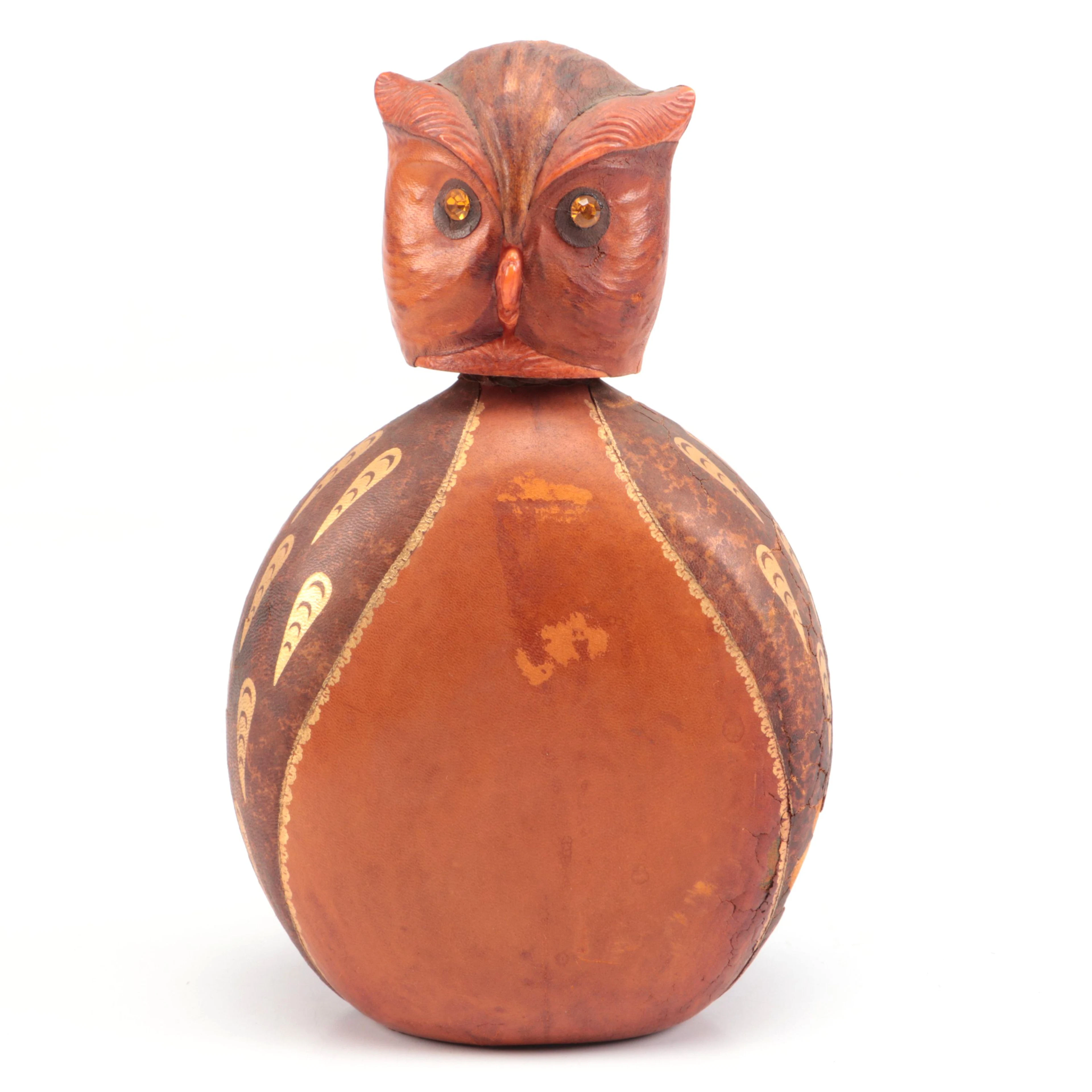 Italian Mid Century Modern Leather-Wrapped Owl Shaped Decanter