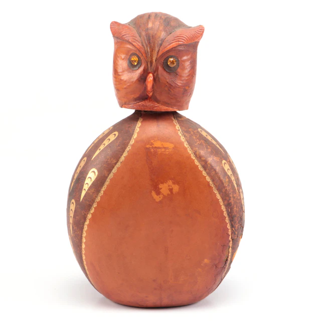 Italian Mid Century Modern Leather-Wrapped Owl Shaped Decanter