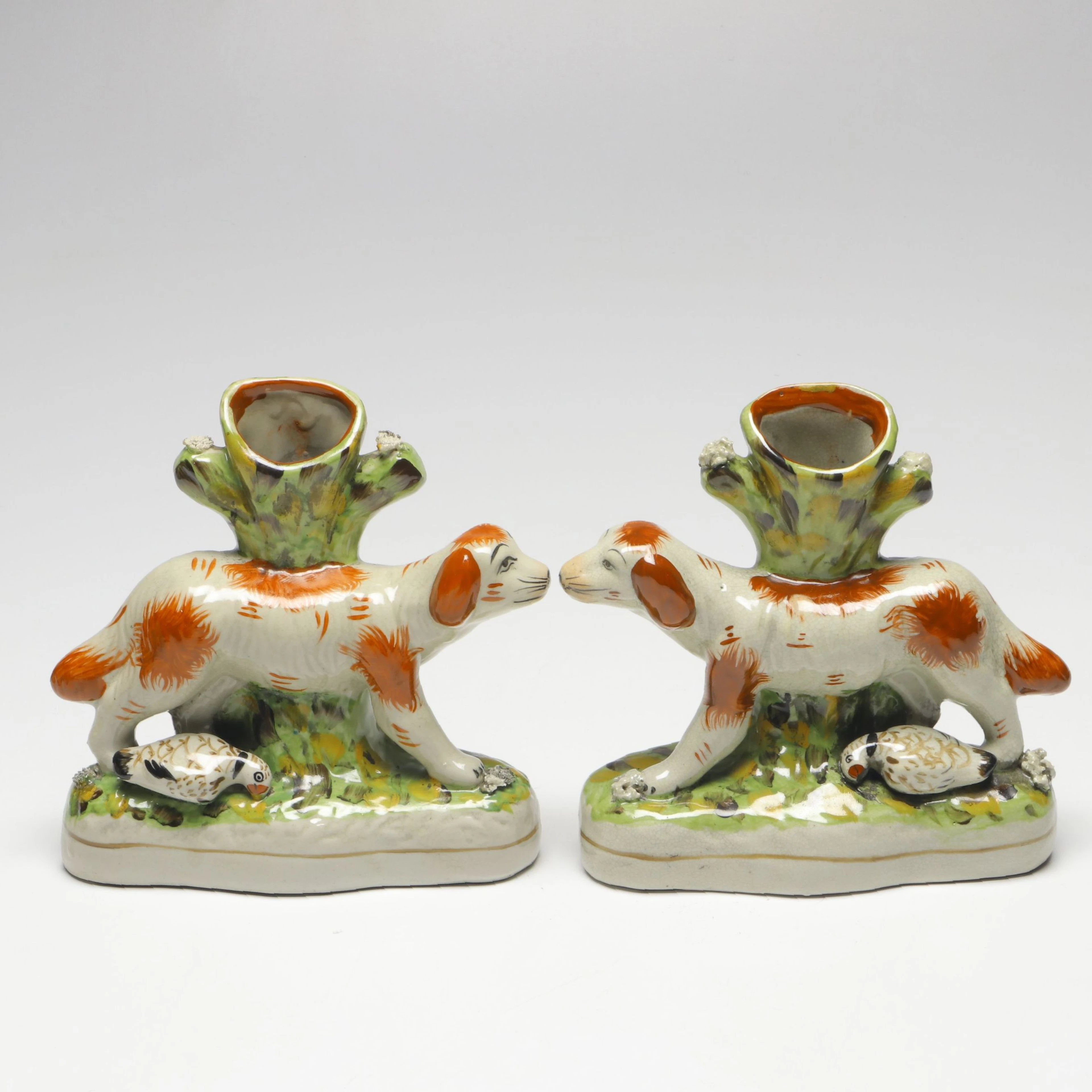 Pair of Staffordshire Style Ceramic Hunting Dog Candle Holders