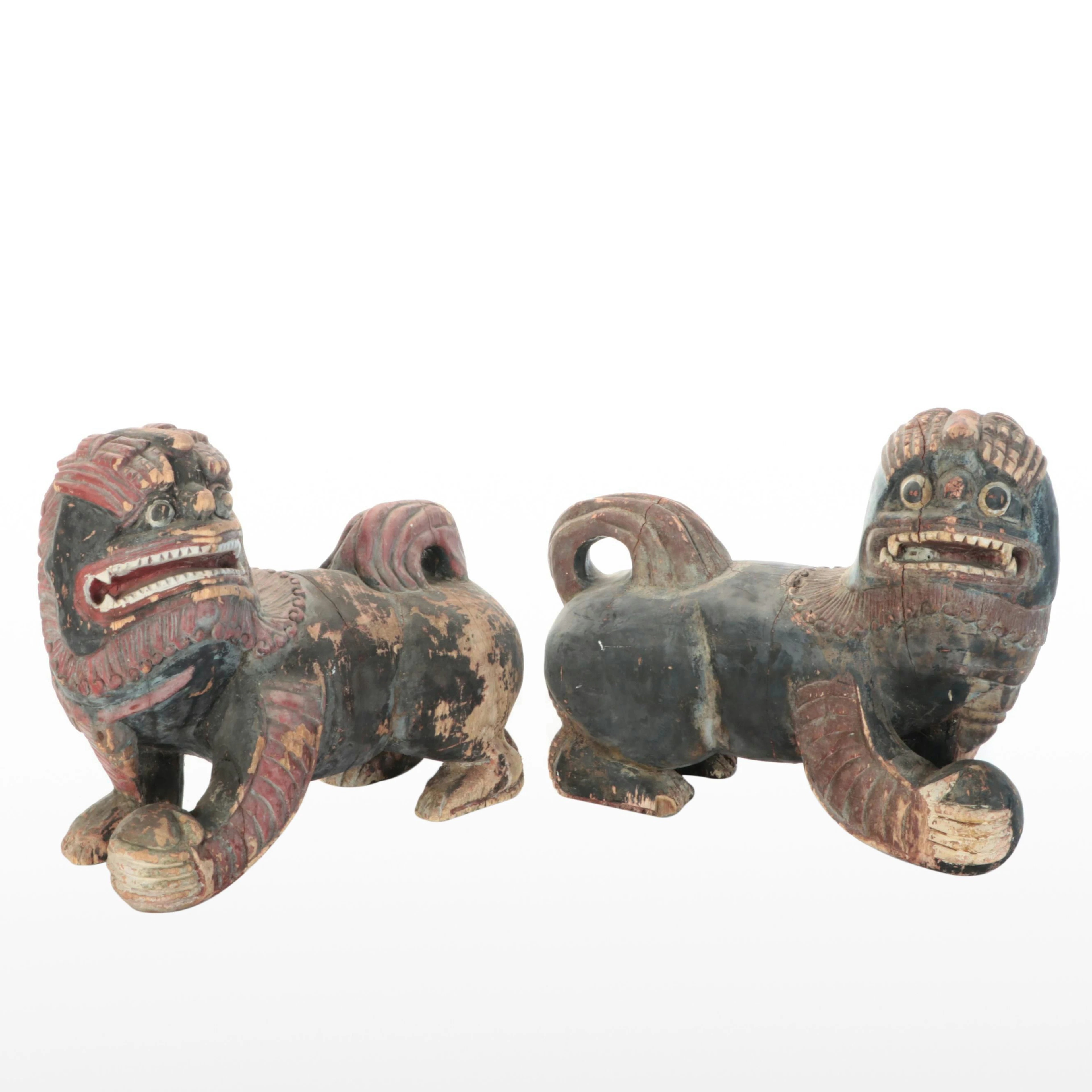 East Asian Hand-Painted Wood Guardian Lions