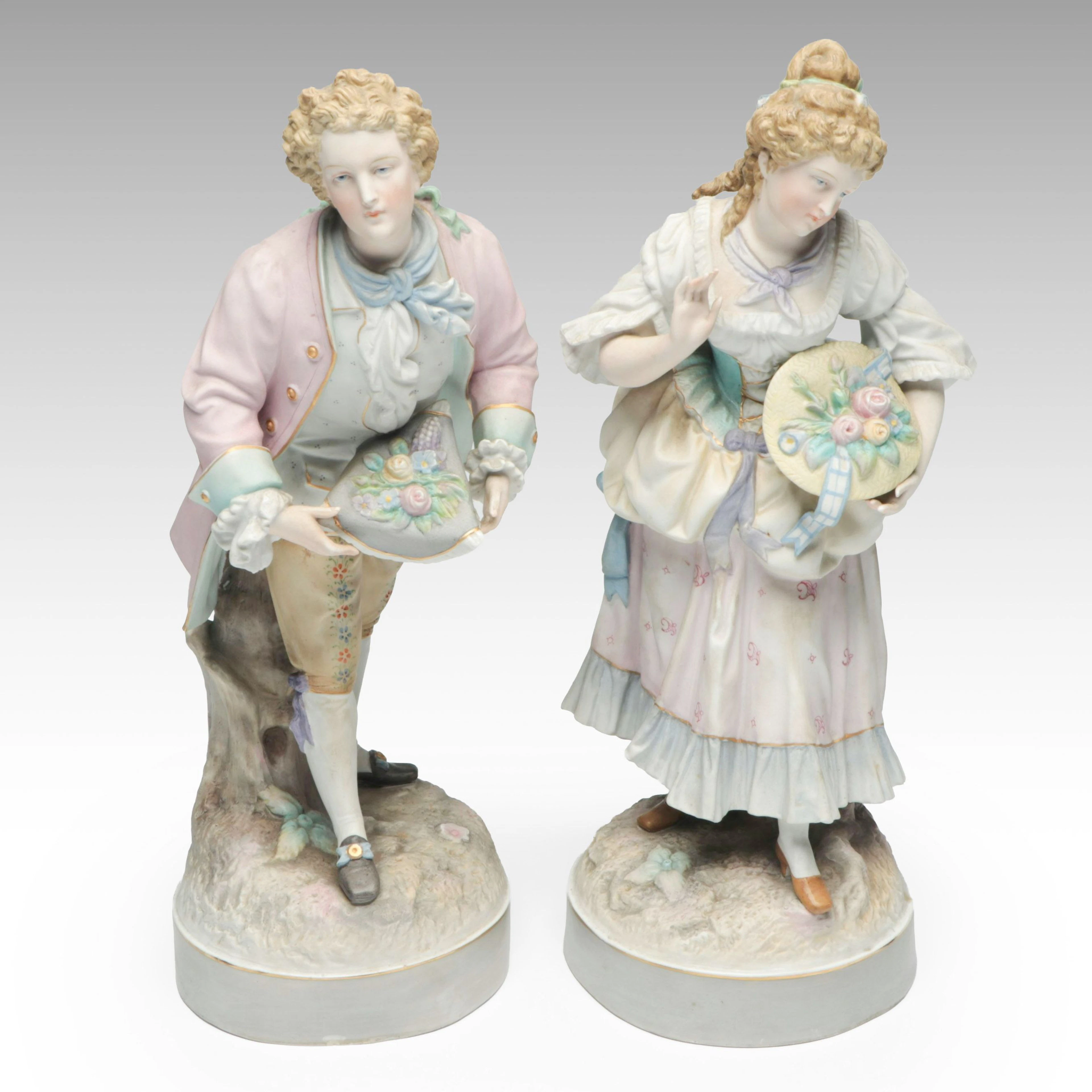 Pair of German Bisque Watteau Style Figurines, Late 19th to Early 20th Century