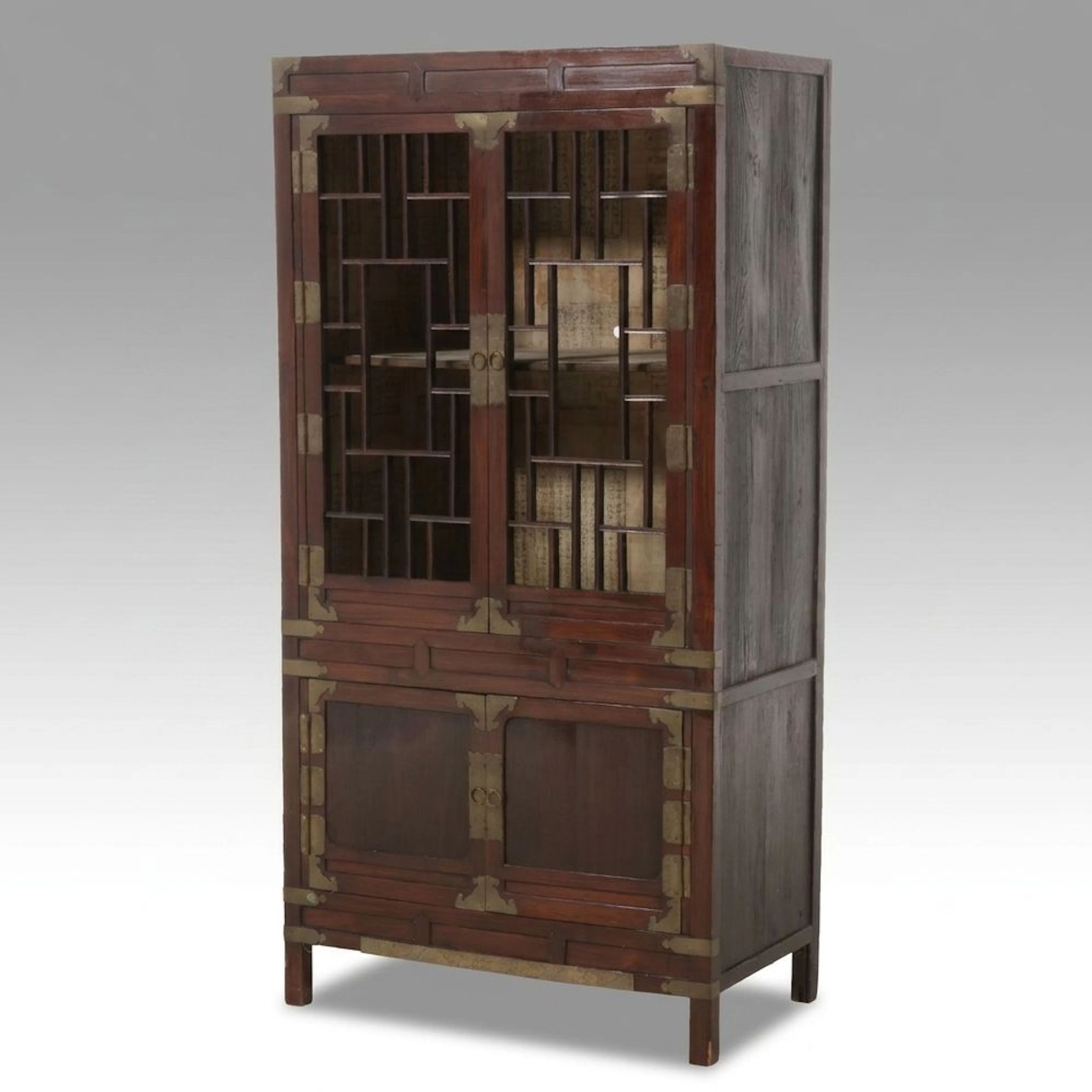 Korean Brass Mounted Wood Cabinet with Woodblock Paper Lining, Early 20th c.