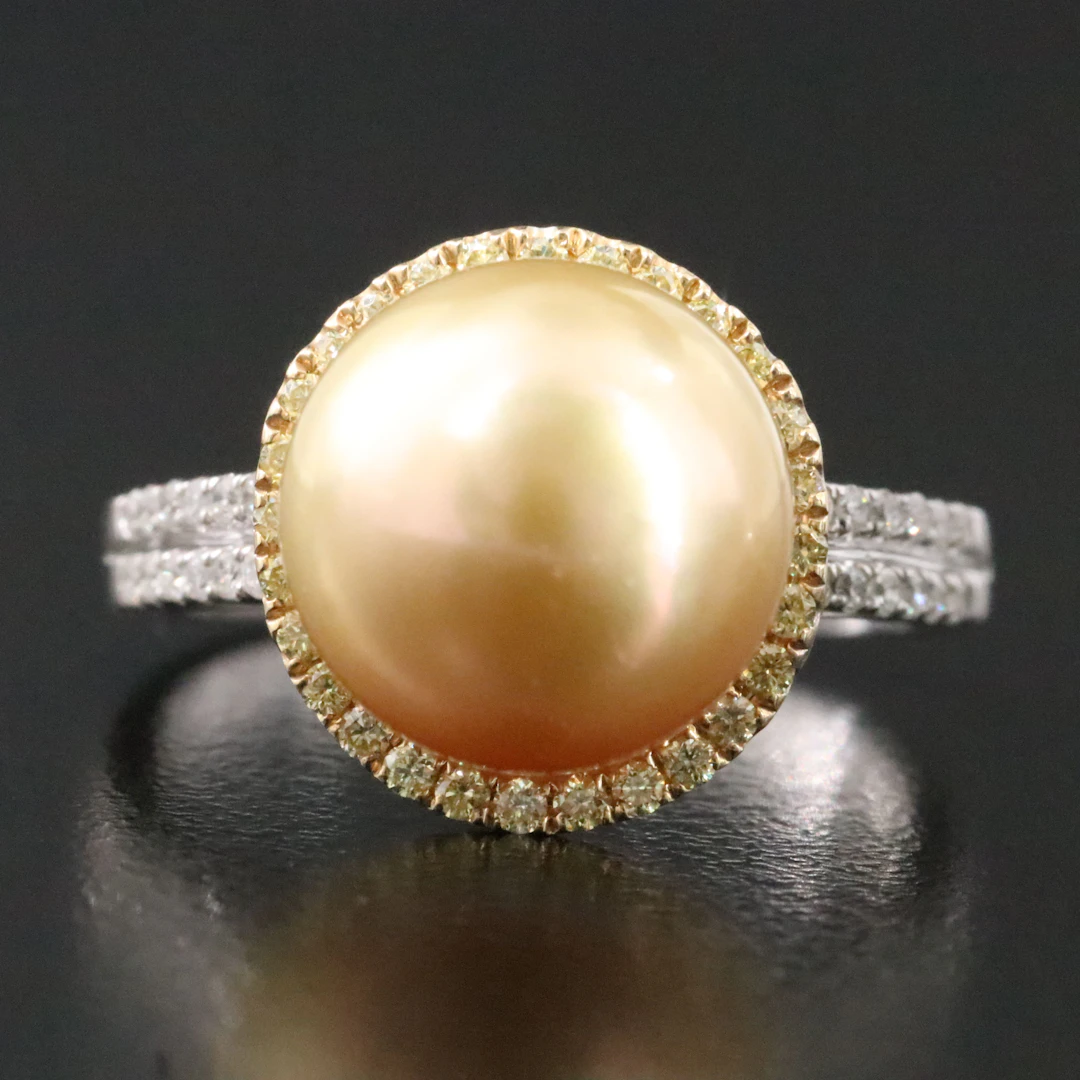 14K Two-Tone 11.50 MM Pearl and Diamond Ring Featuring Fancy Yellow