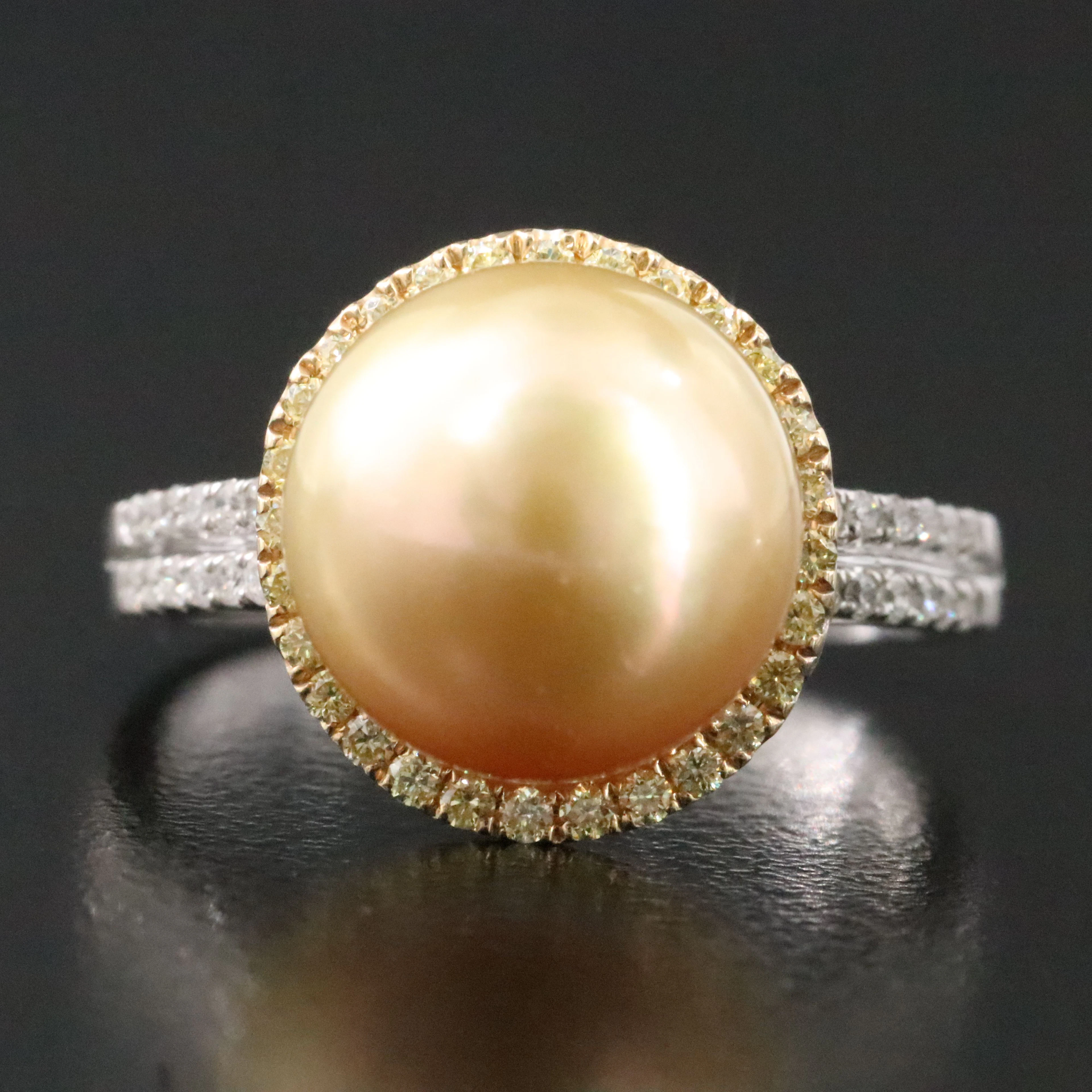 14K Two-Tone 11.50 MM Pearl and Diamond Ring Featuring Fancy Yellow
