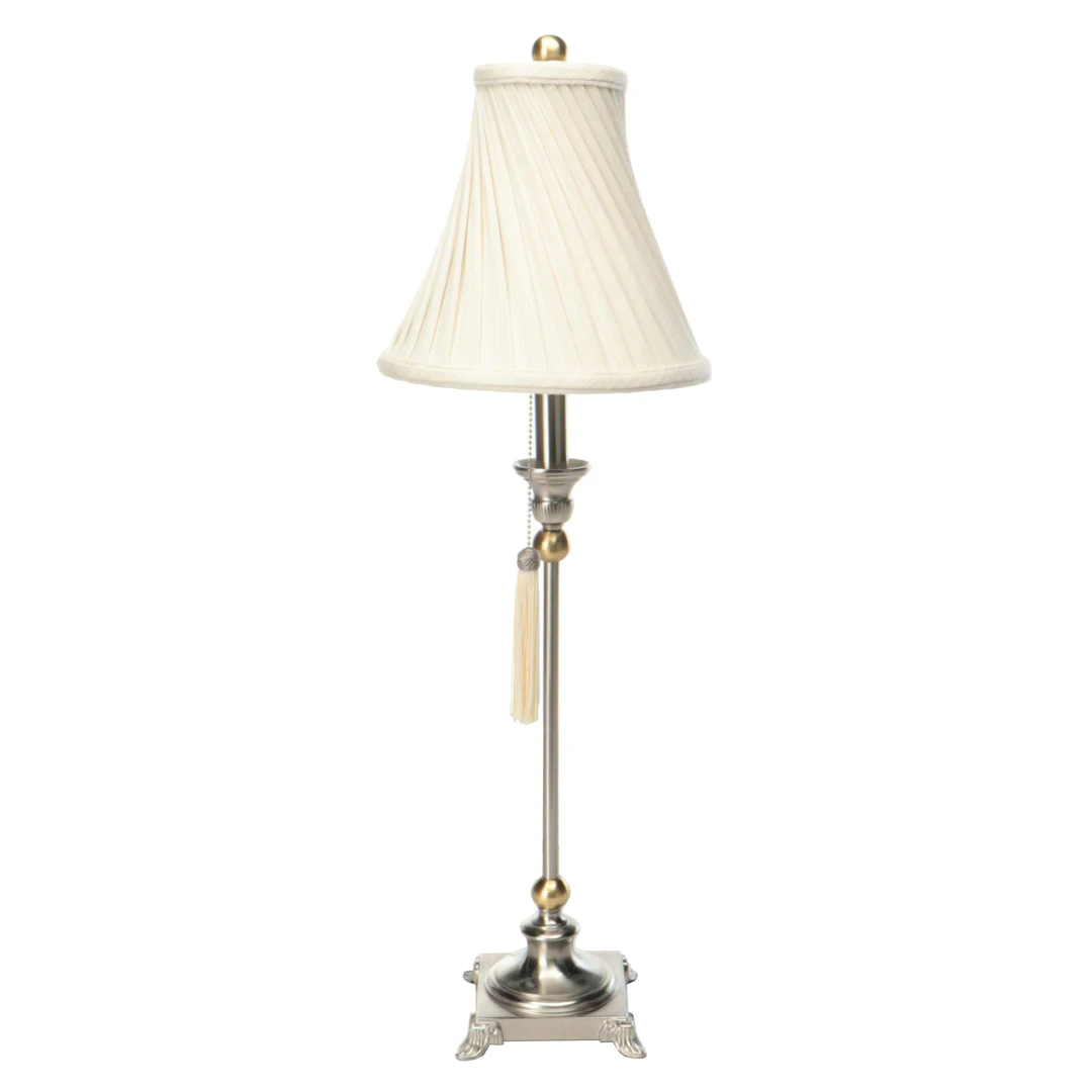 Quoizel Satin Nickel & Brass Console Lamp, Tassel Pull, Spiral Pleat Silk Shade