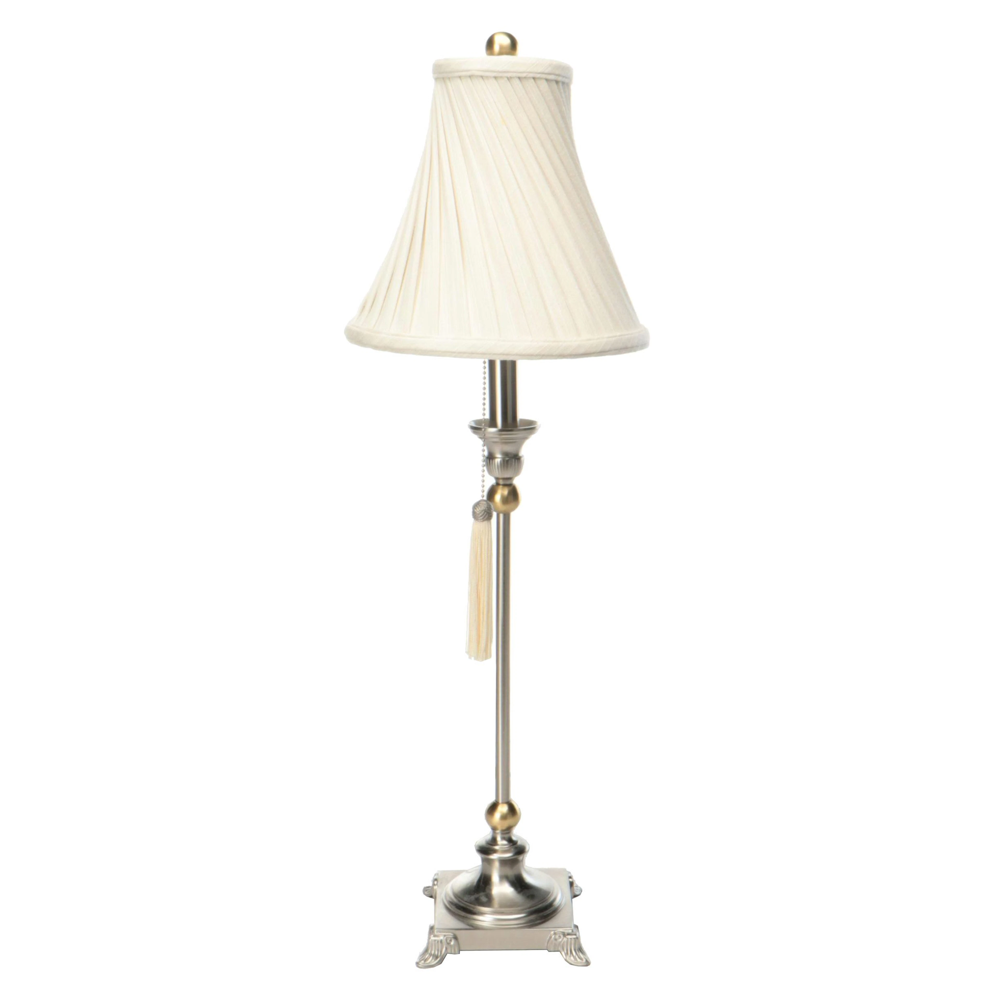 Quoizel Satin Nickel & Brass Console Lamp, Tassel Pull, Spiral Pleat Silk Shade