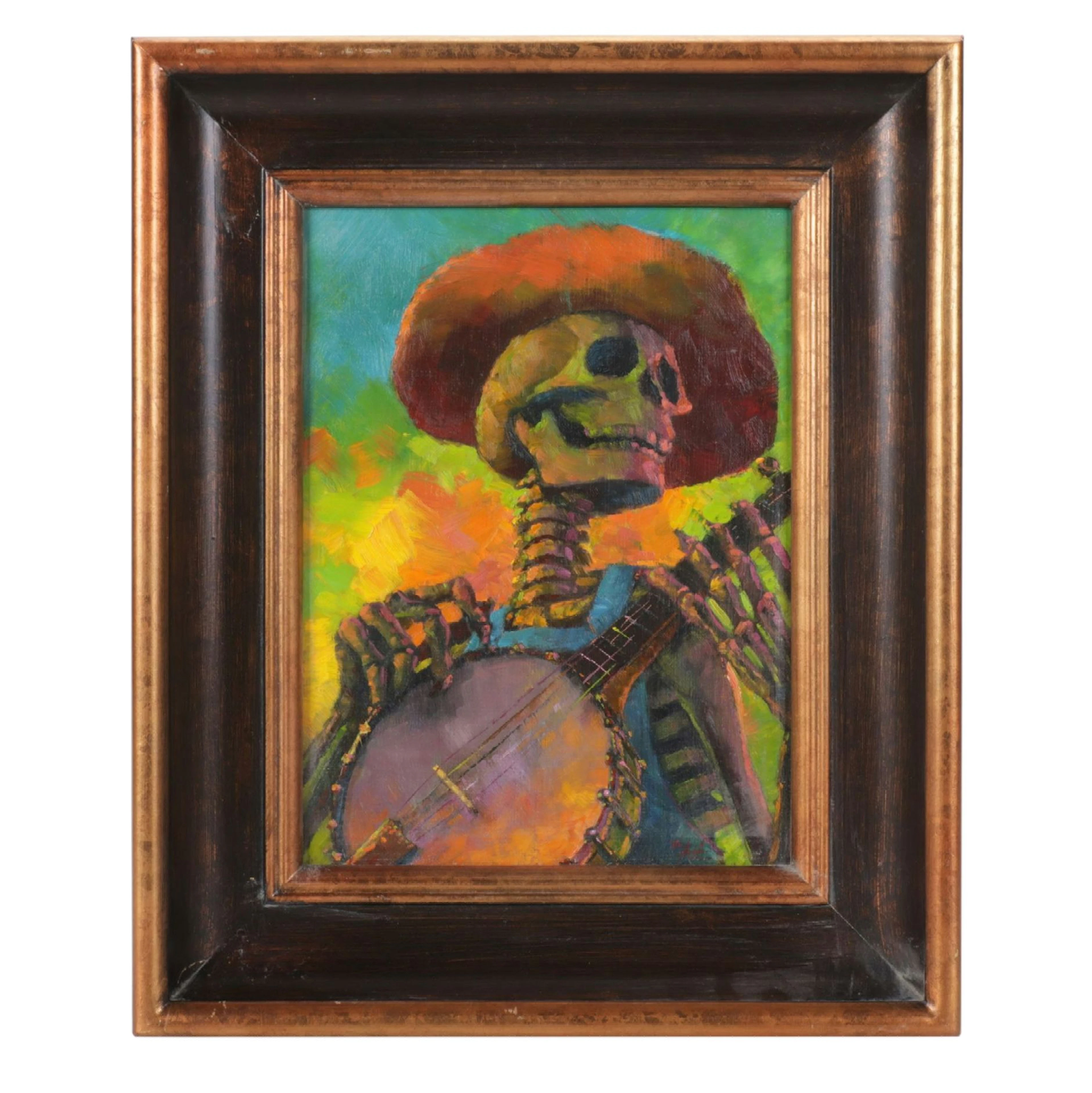 Gregory Montfort Dearth Oil Painting of Skeleton Banjo Player, 2012