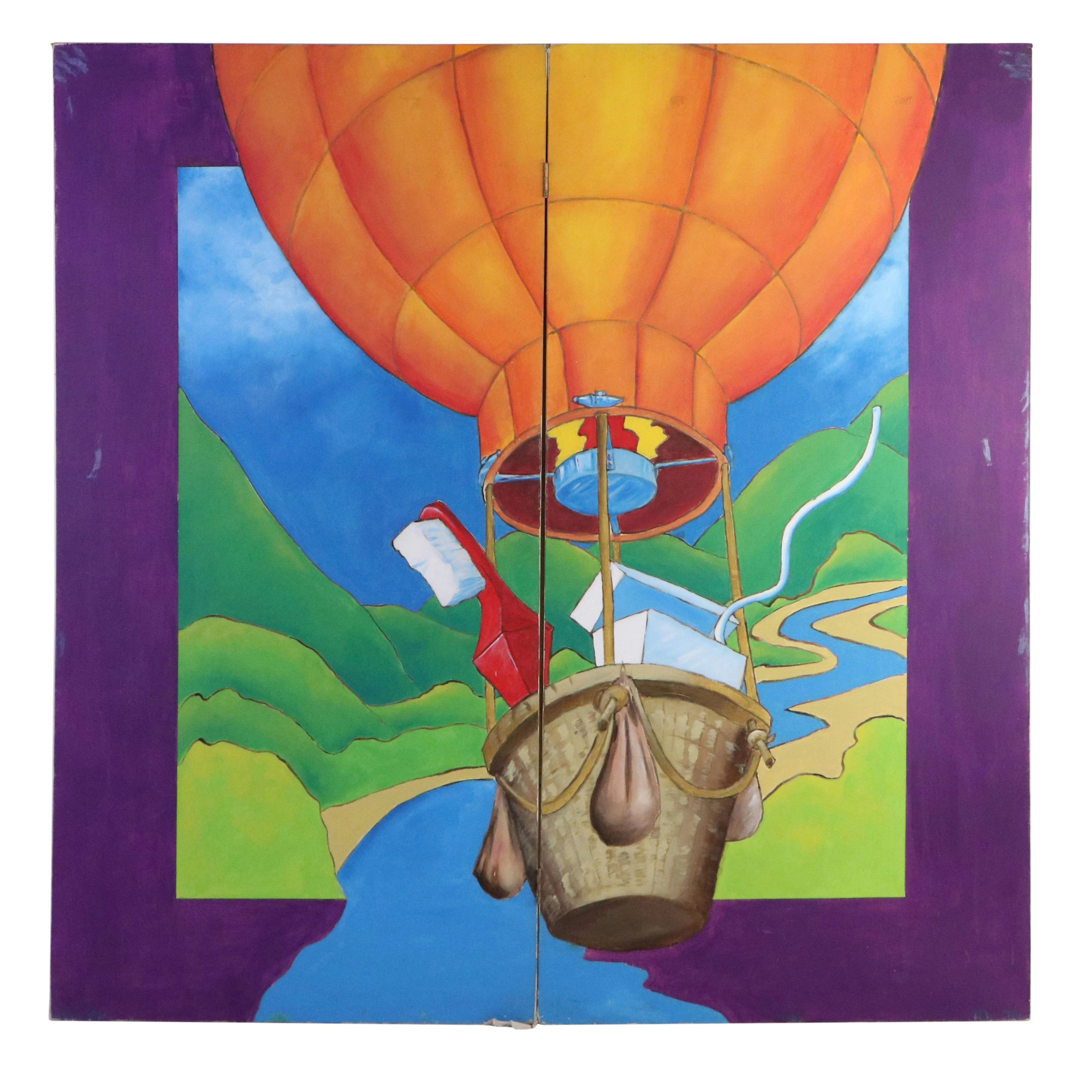 Large-Scale Surrealist Acrylic Diptych Painting of Hot Air Balloon Scene