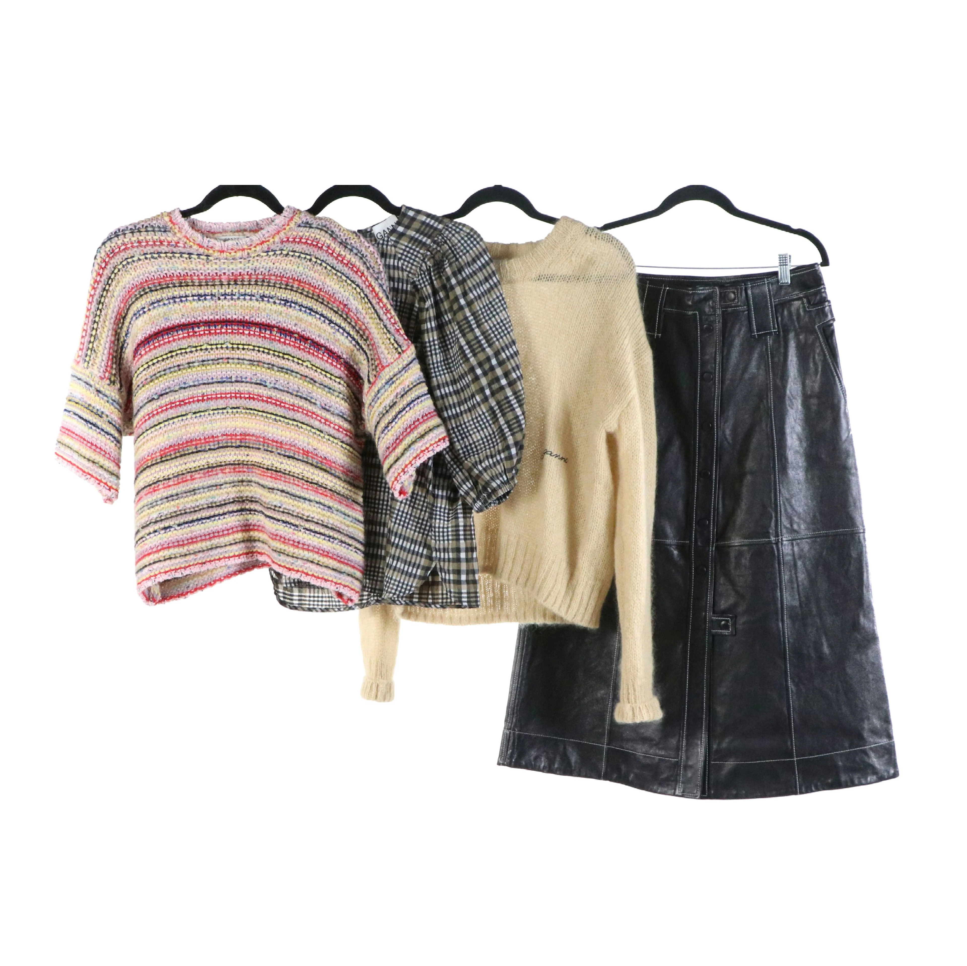 Gianni Leather Snap-Front Skirt, Knit Sweaters, and Top
