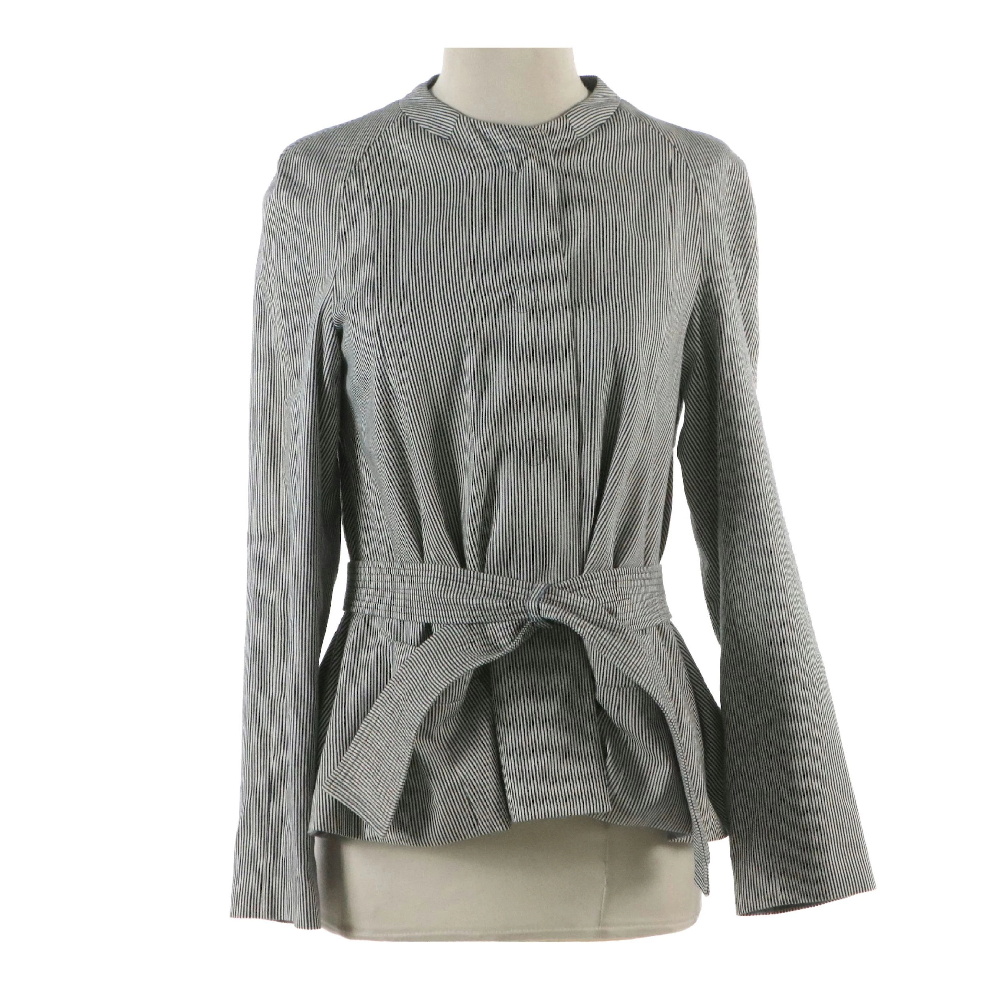 Giorgio Armani Striped Snap-Front Jacket with Tie Belt in Navy/White