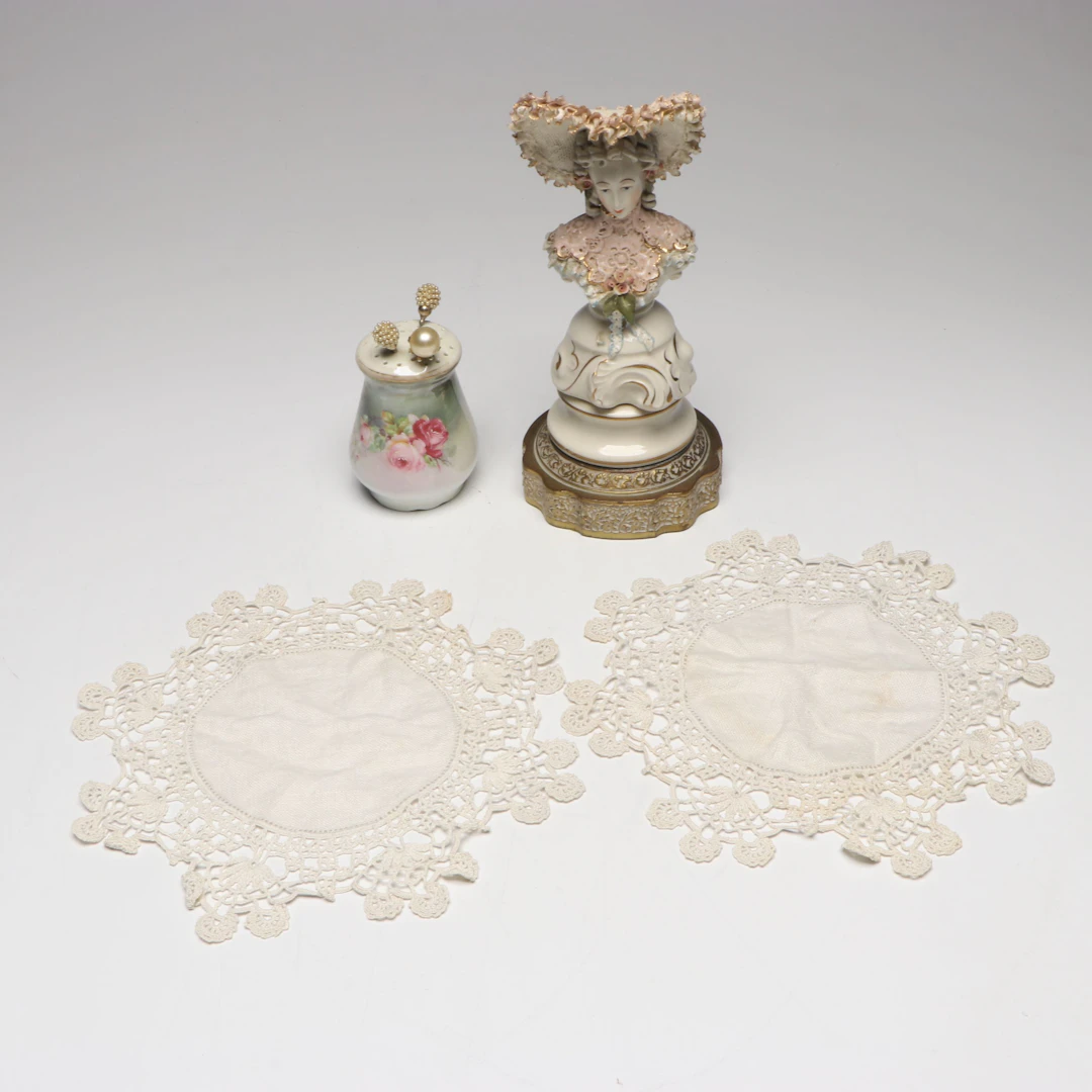 Victorian Style Ceramic Lady Bust with Hatpin Holder and Doilies
