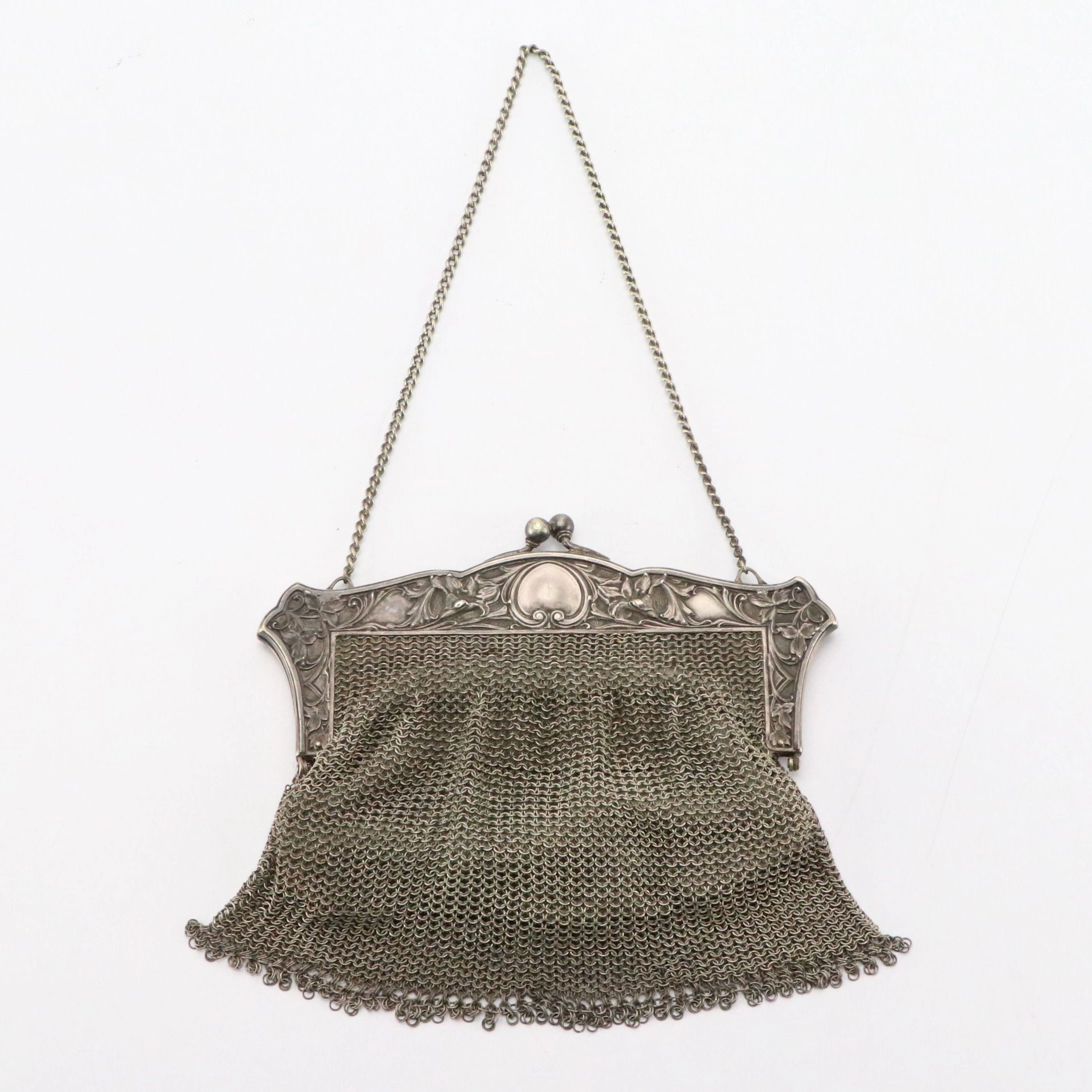 Art Nouveau German Silver Ring Mesh Evening Bag with Leather Lining