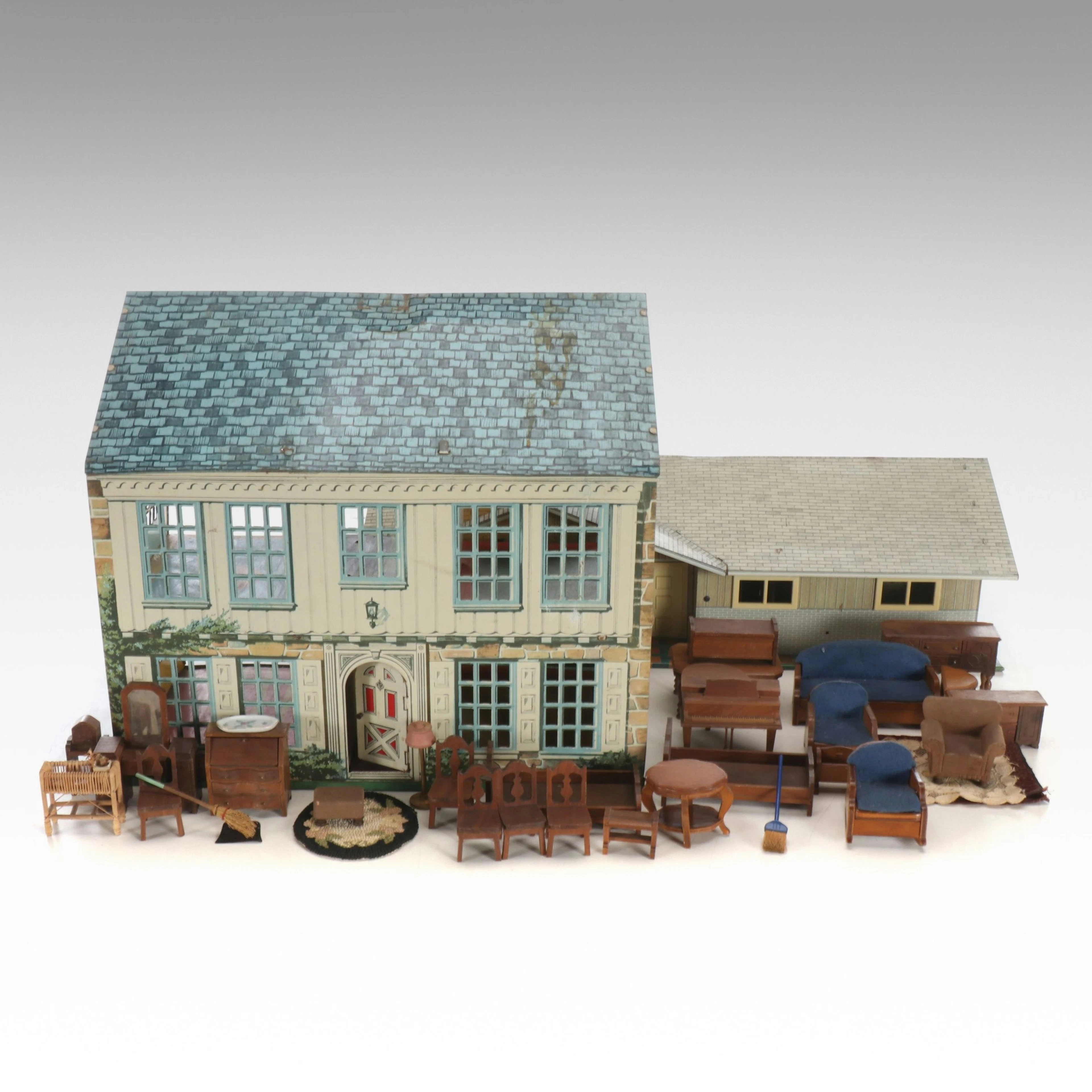 Tin Litho MCM Ranch and Traditional Dollhouses with Furniture