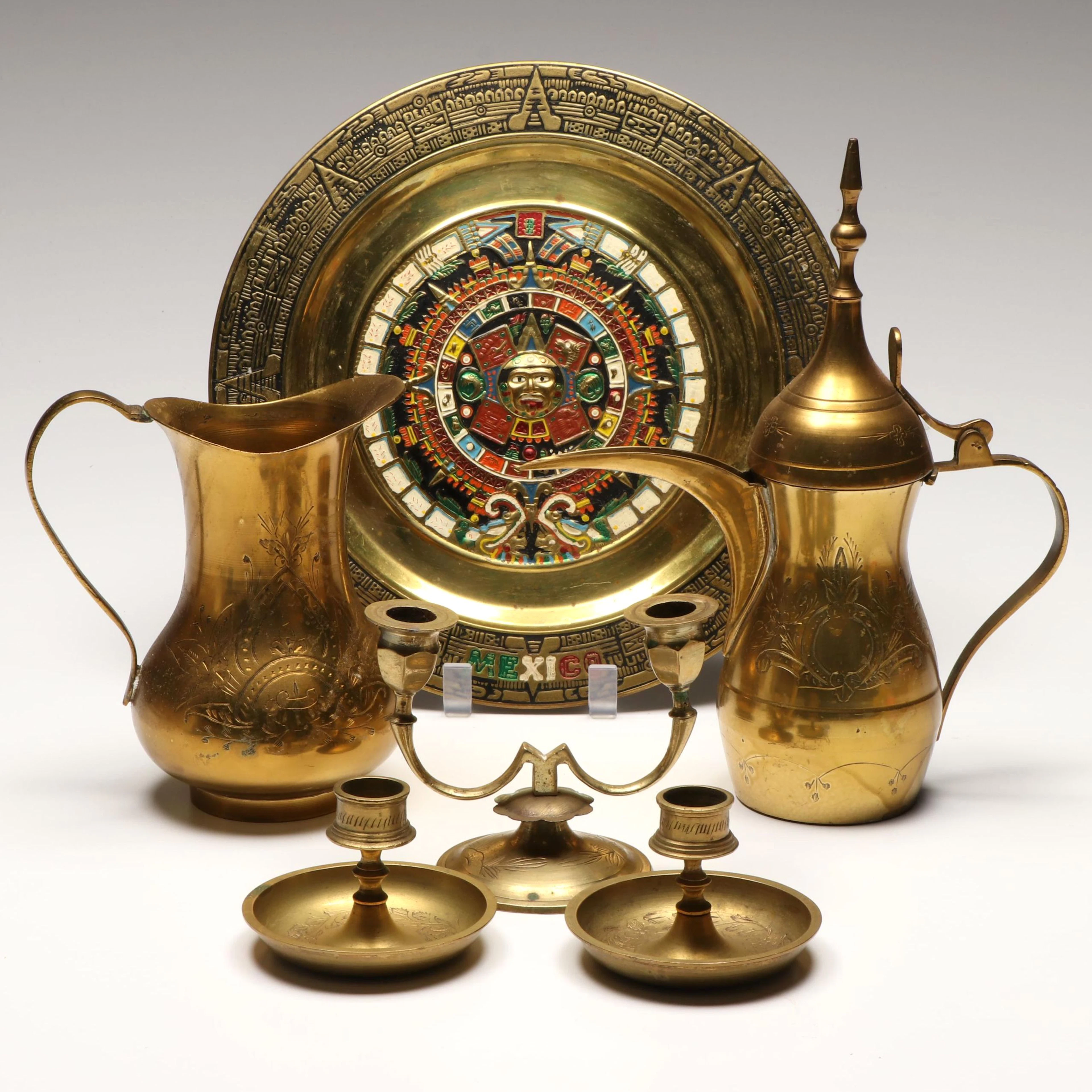 Indian Brass Candle Holders with Pitchers and Mexican Aztec Style Brass Plate