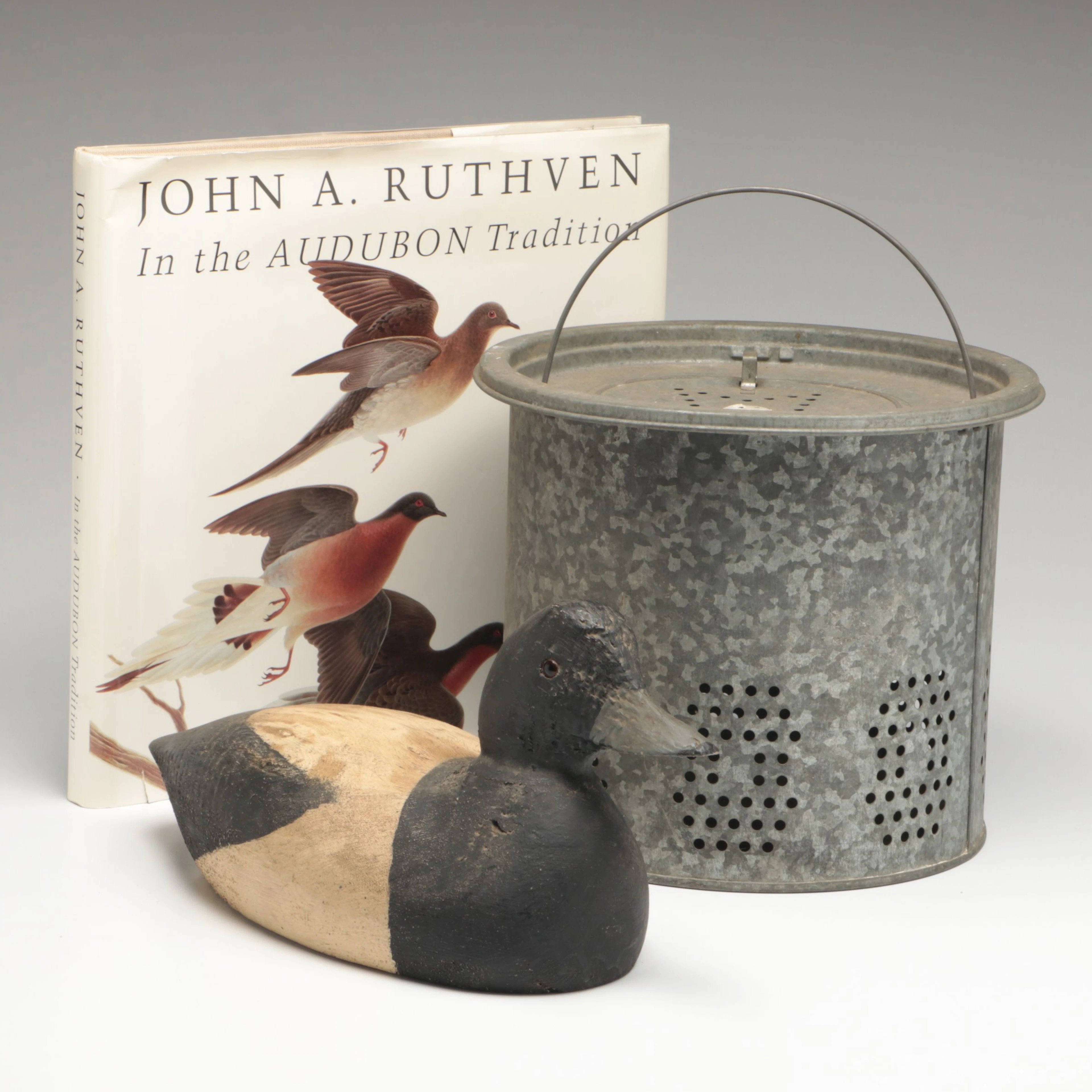 Signed "John A. Ruthven: In the Audubon Tradition" with Decoy and Minnow Bucket