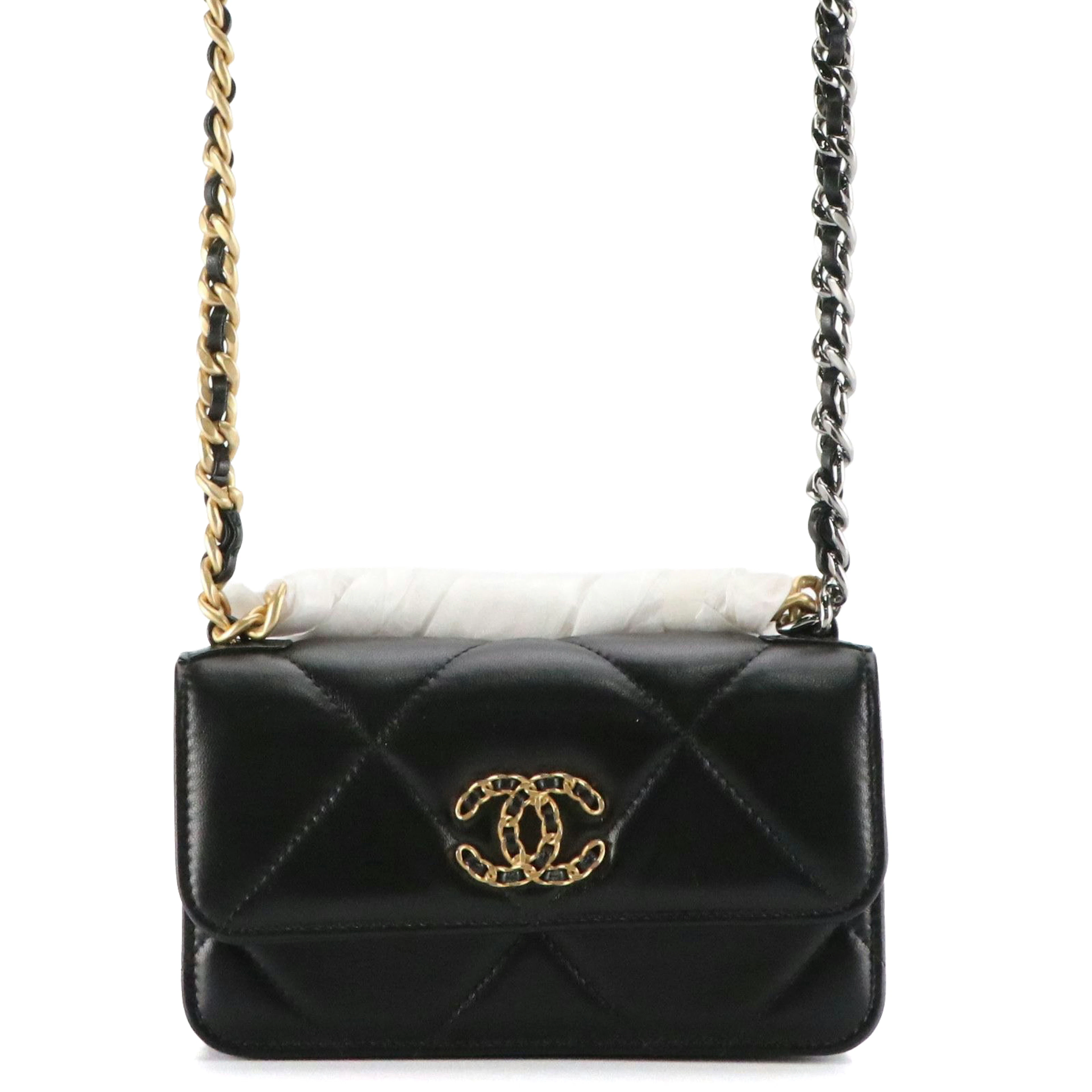 Chanel 19 Quilted Black Lambskin Leather Wallet On Chain