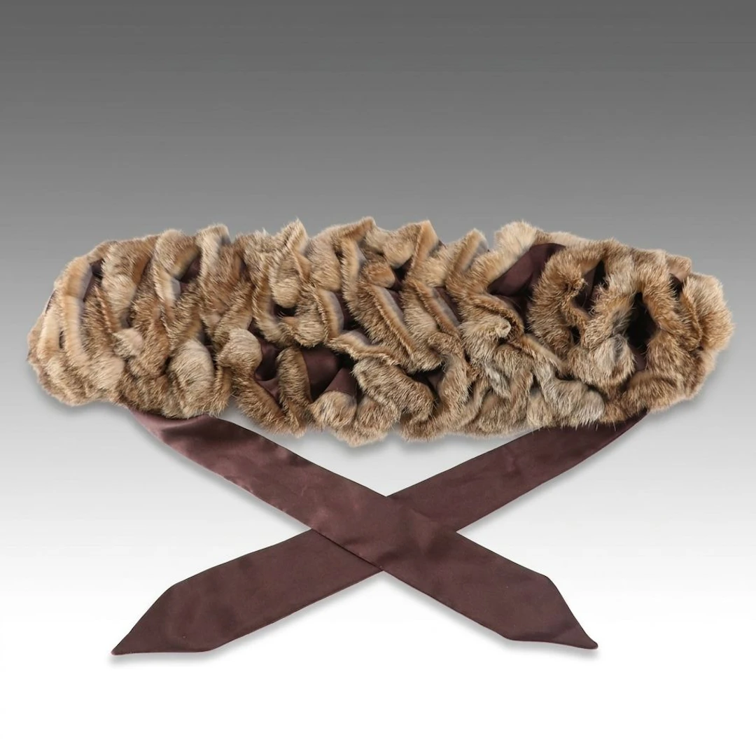 J. McLaughlin Ruffled Rabbit Fur Satin Ribbon Collar Scarf