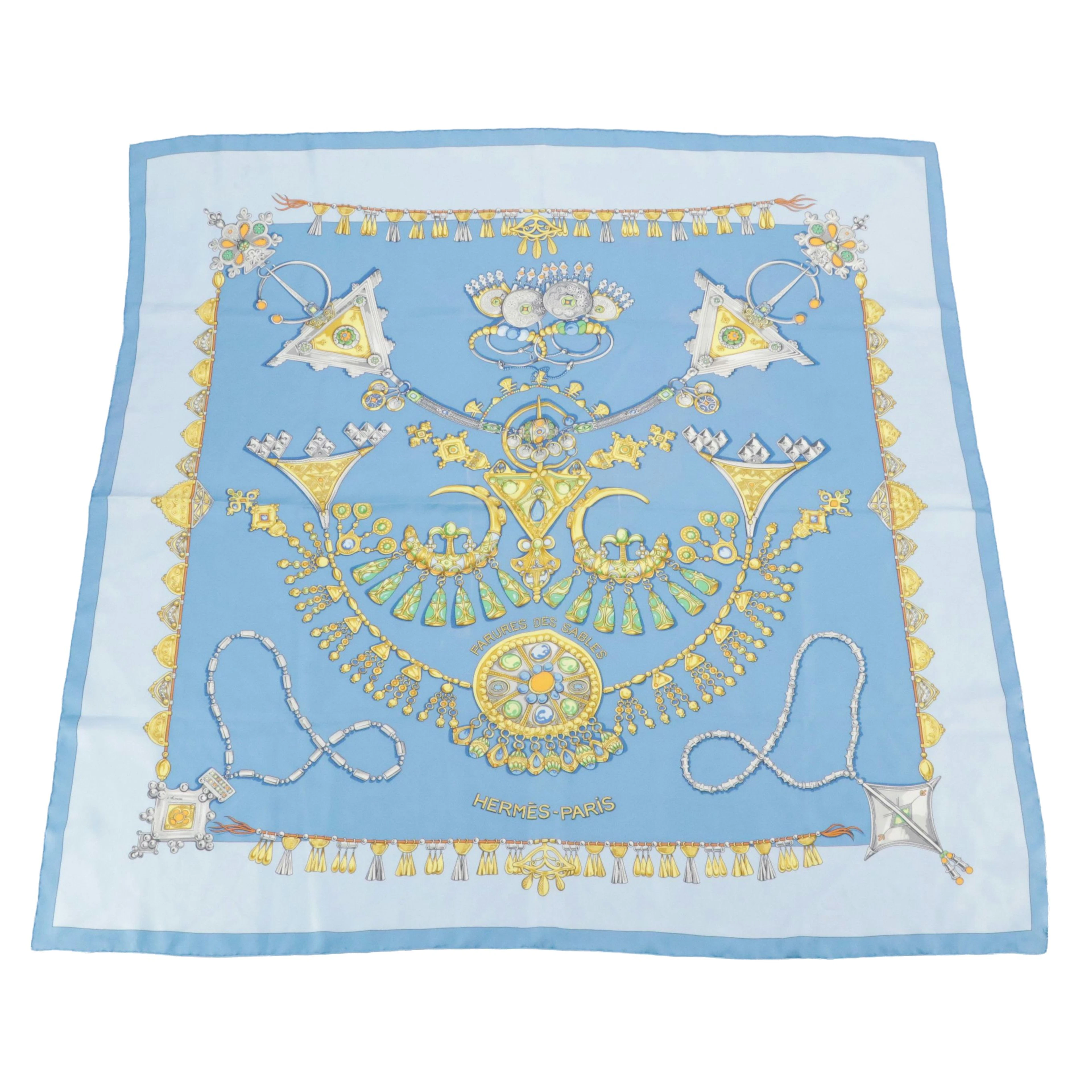 Hermès "Parures des Sables" Blue Silk Twill Scarf 90