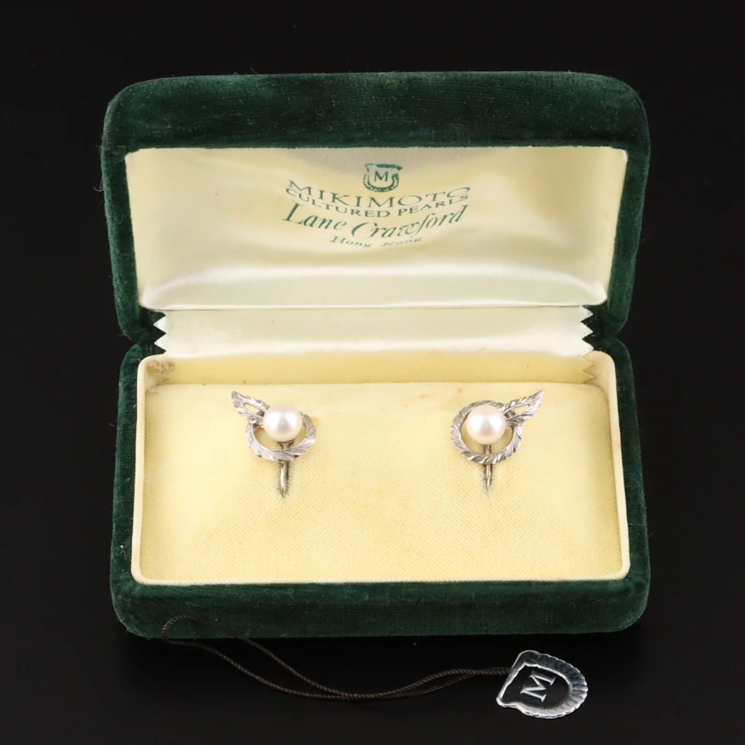Mikimoto Sterling Pearl Foliate Screw Back Earrings