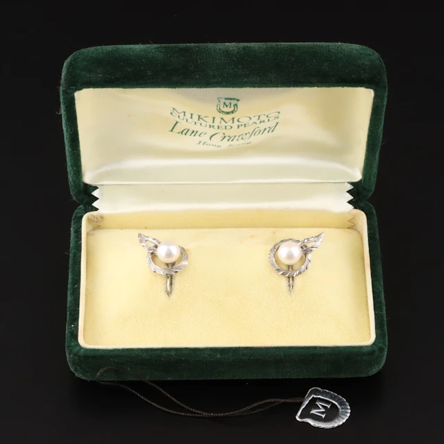 Mikimoto Sterling Pearl Foliate Screw Back Earrings