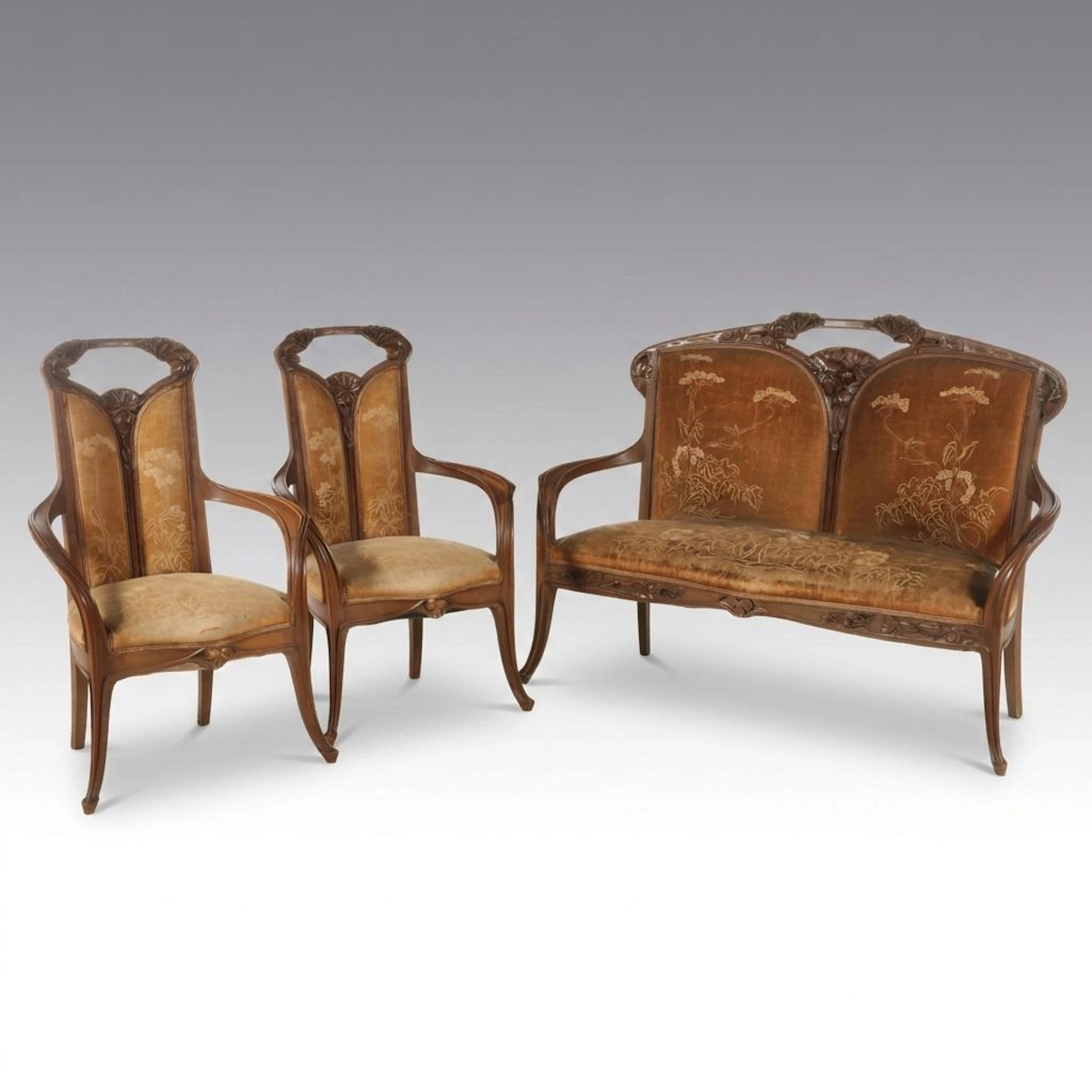 Louis Majorelle "Ombelles" Art Nouveau Carved Mahogany Three-Piece Salon Suite