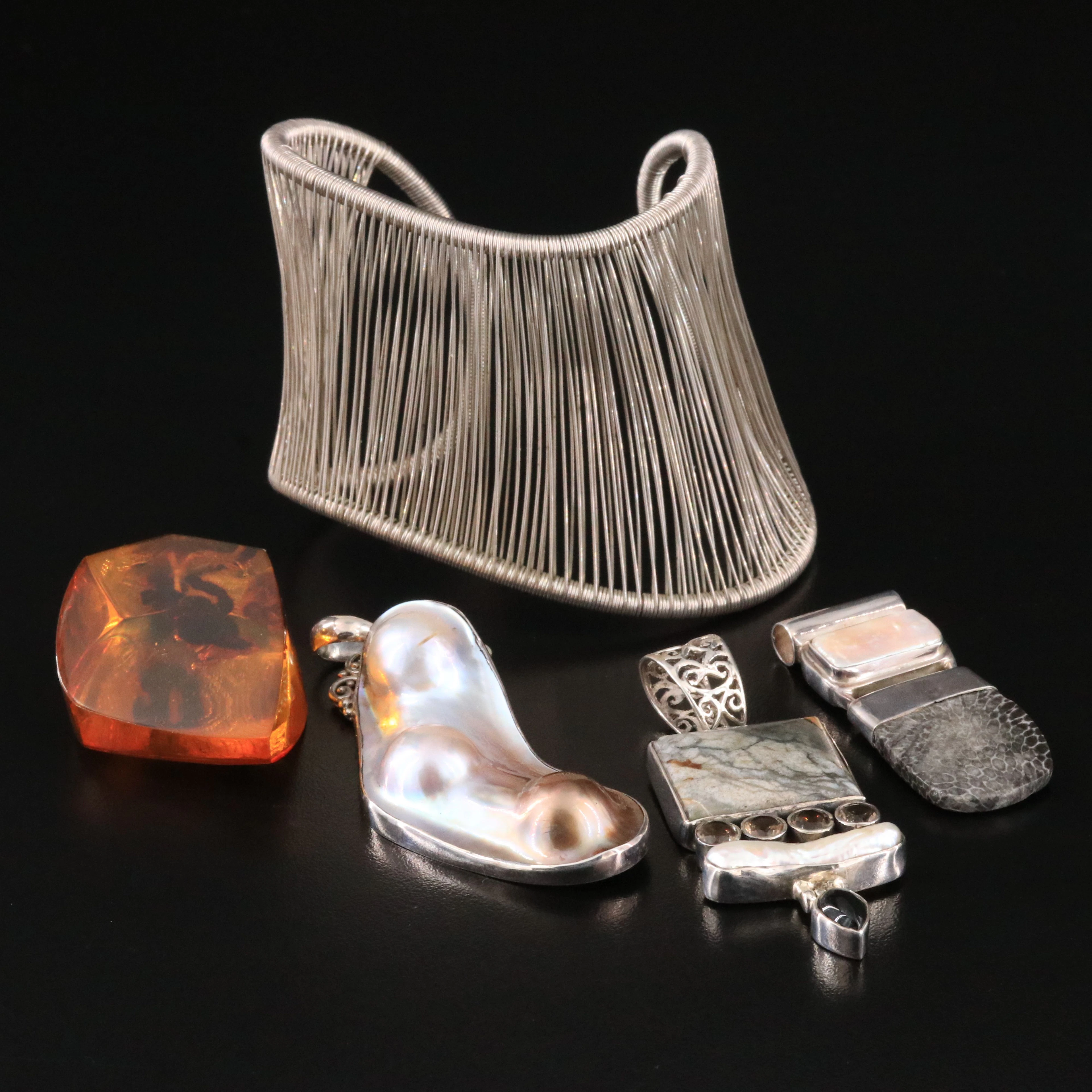 Sterling Wire Wrap Bracelet & Pendants Including Pearl, Black Onyx, and Jasper
