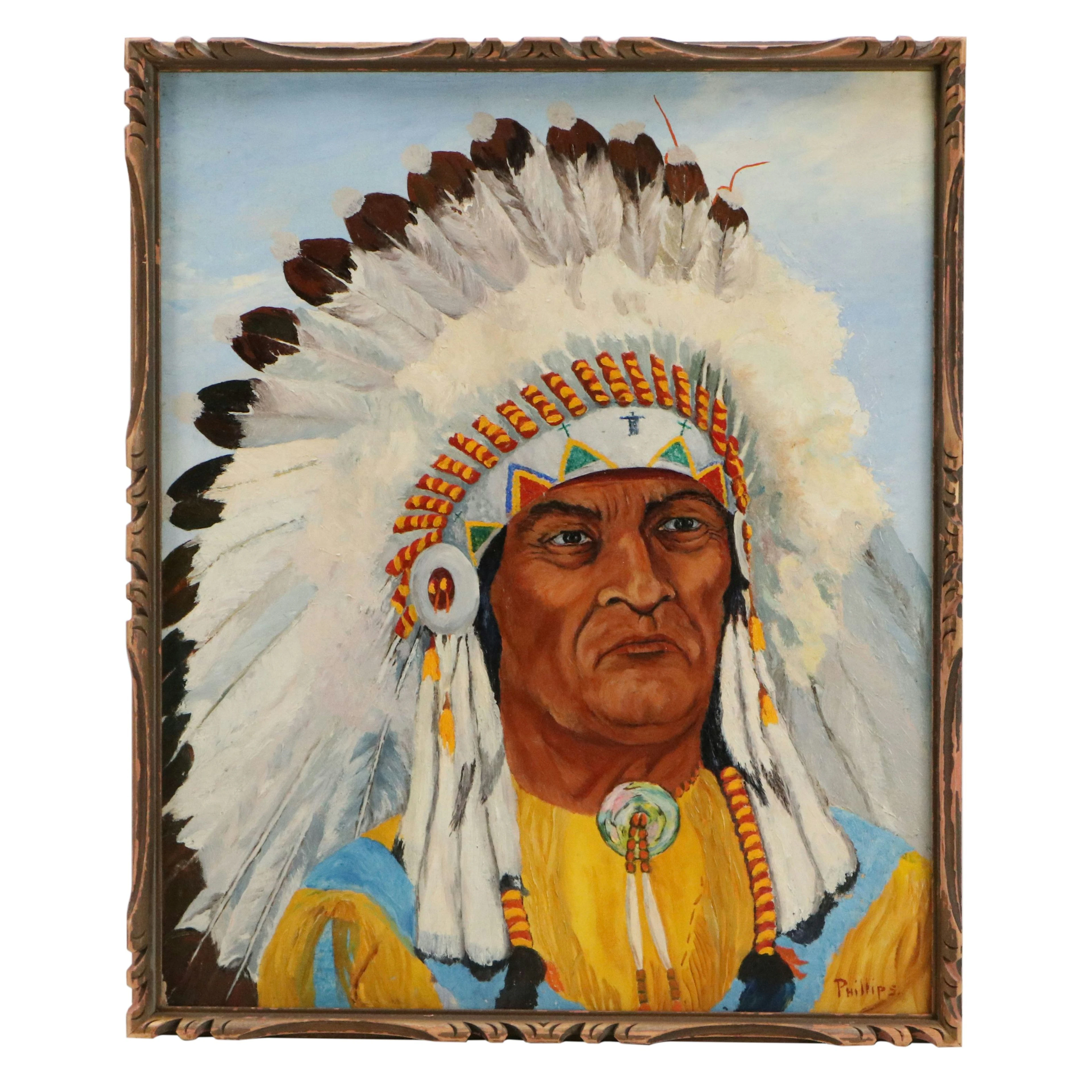 Oil Portrait of Native American Chief in Regalia, Late 20th Century