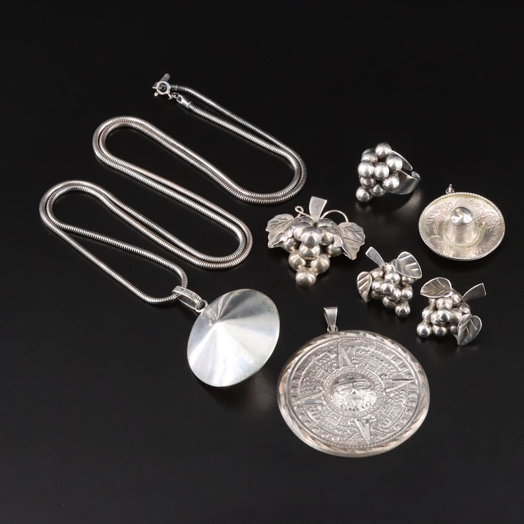 Mexican Sterling Jewelry Featuring Grape Clusters and Aztec Calendar