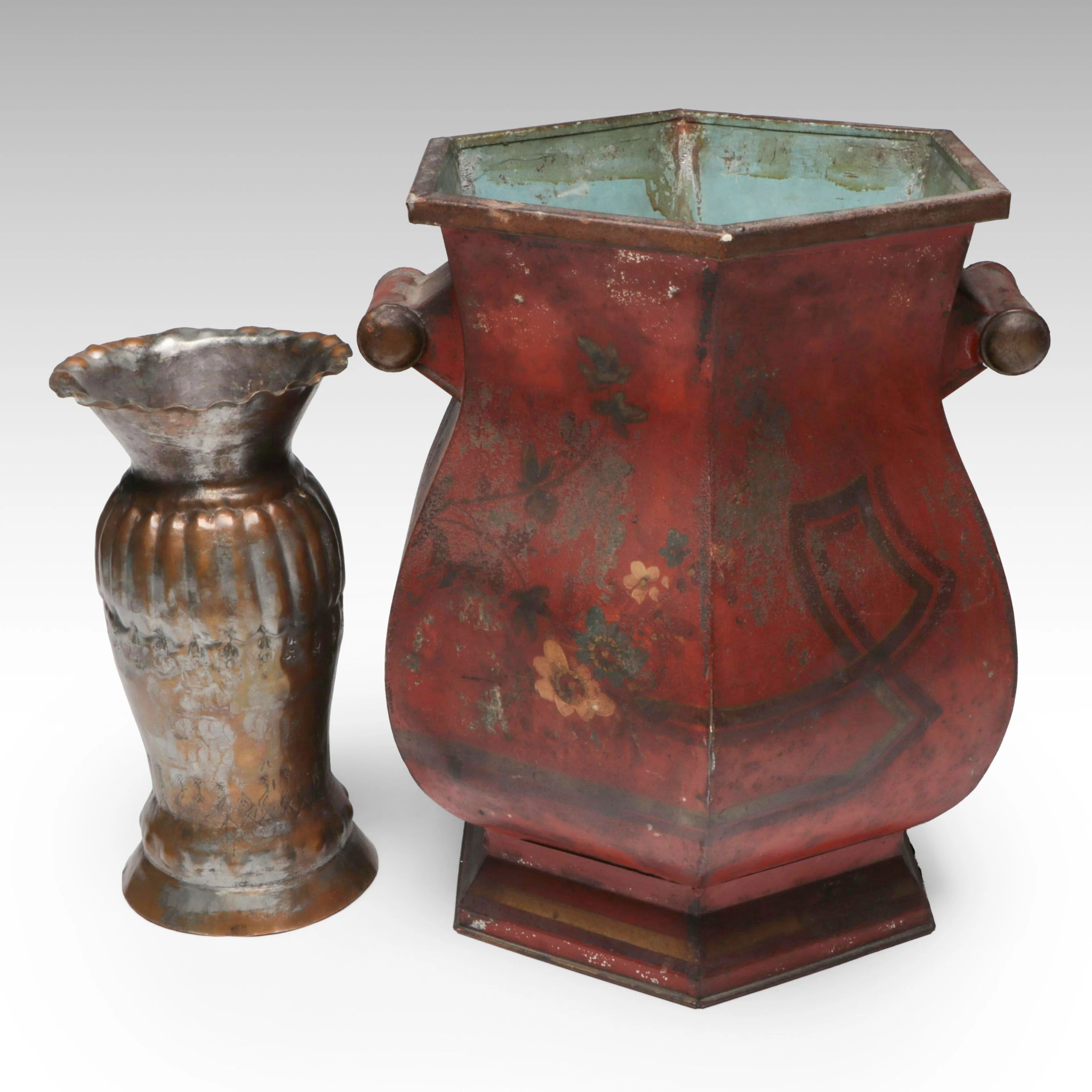Hand-Painted Hexagonal Tole Bin with Egyptian Copper Vase, Vintage