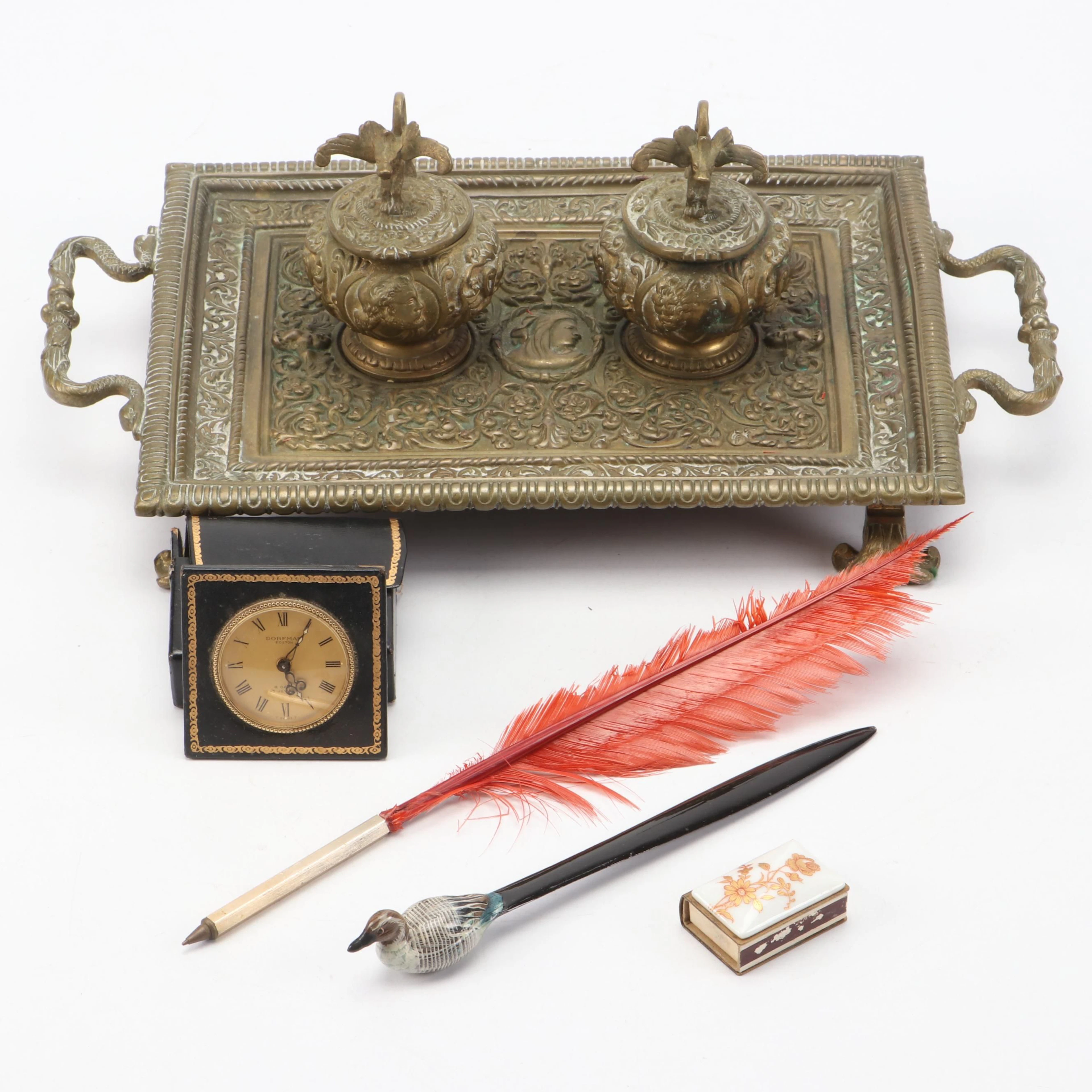 Renaissance Revival Double Ink Well with Dorfman Clock and Other Accessories