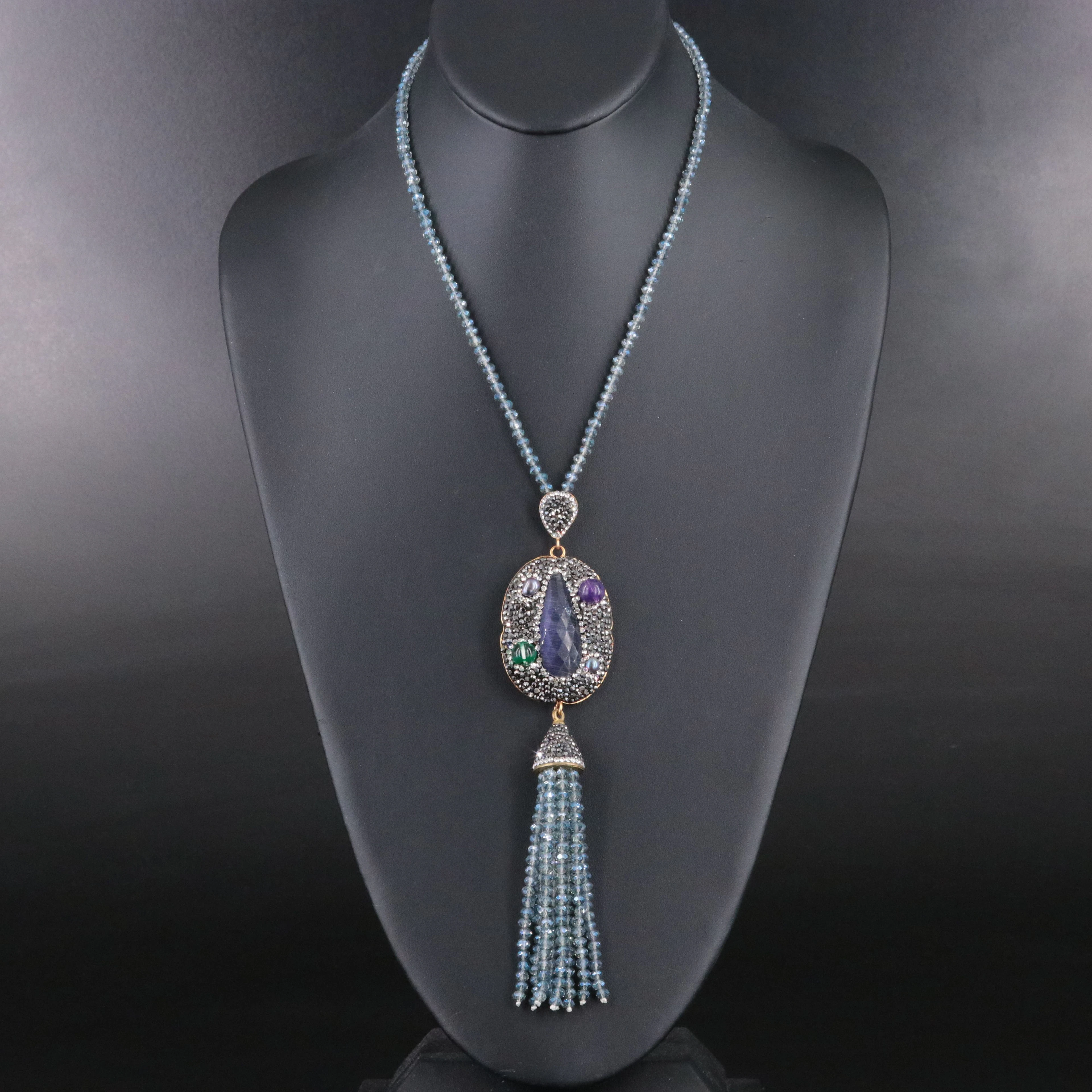 Brass Rhinestone Tassel Necklace
