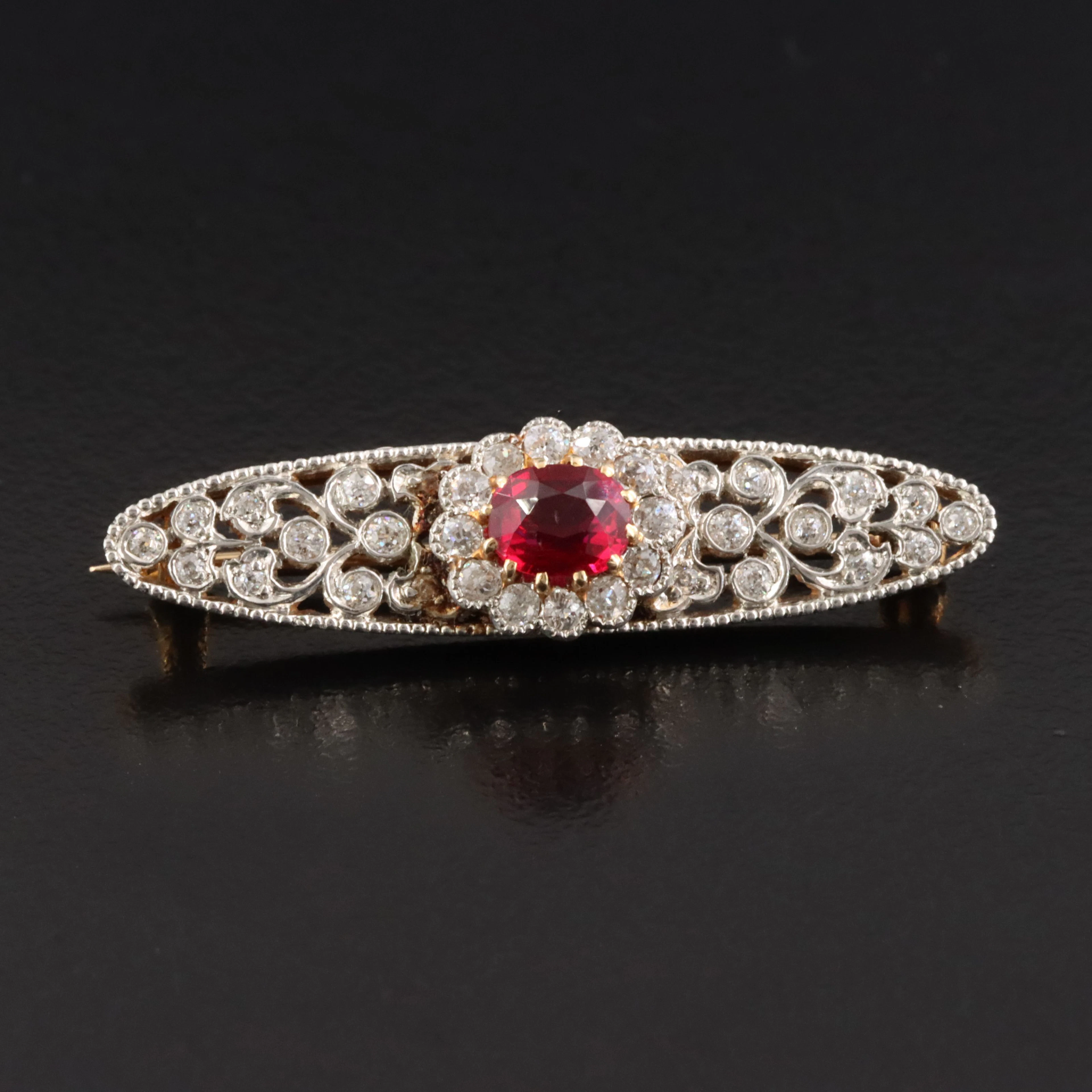 Antique 18K Ruby and Diamond Navette Pin with Platinum Top