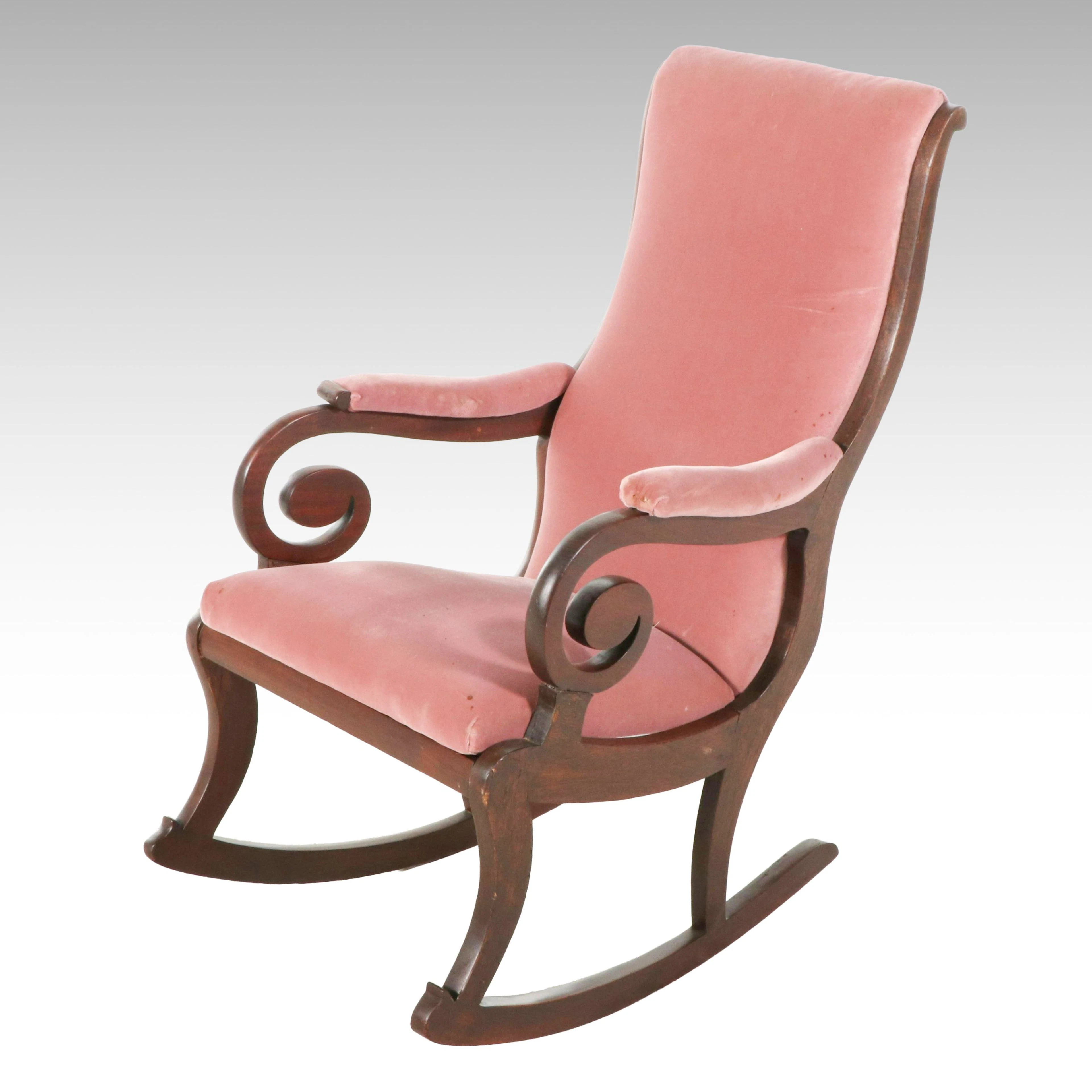 Empire Style Pink Velvet Upholstered Rocking Chair, 20th Century