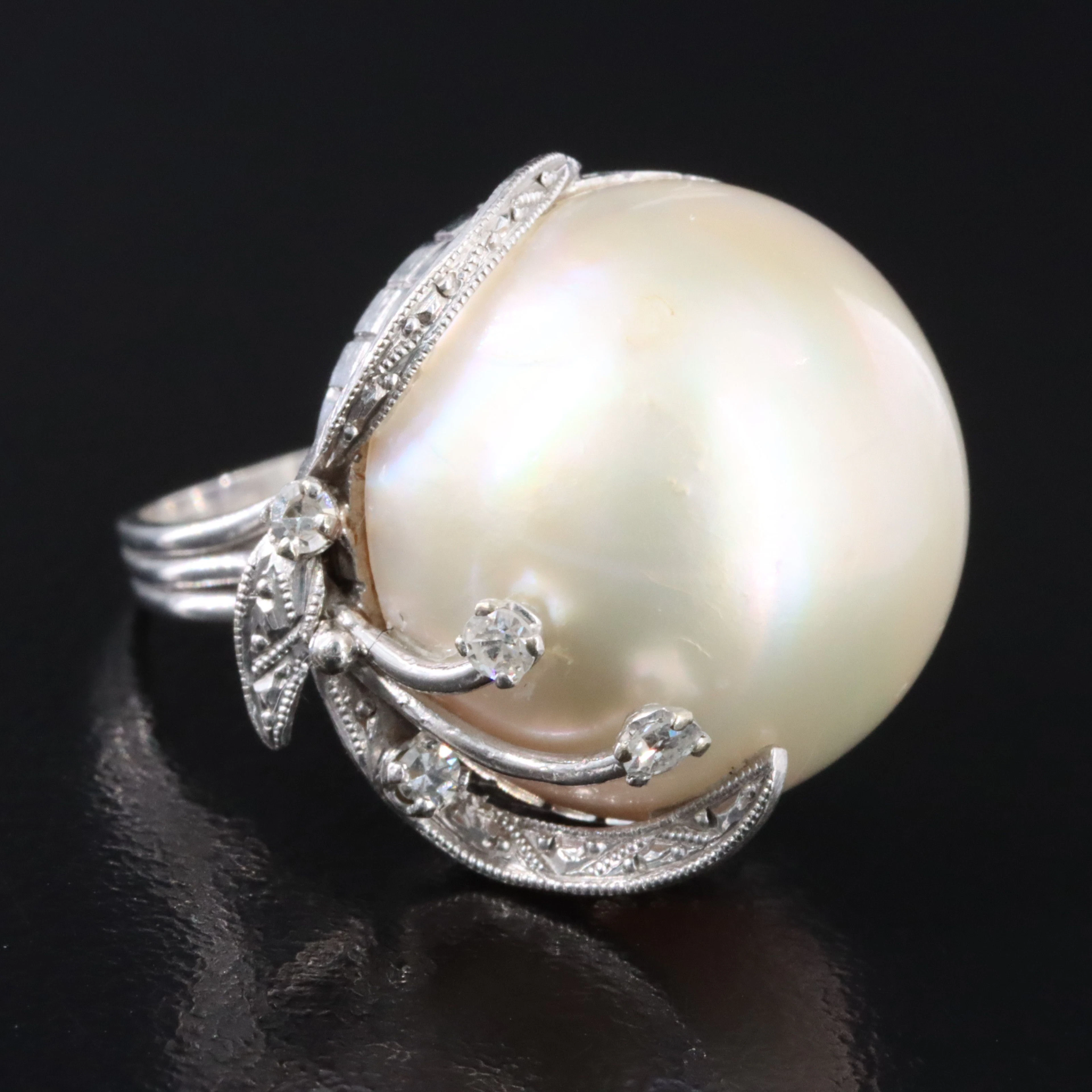 Gold/Platinum Alloy Pearl and Diamond Ring