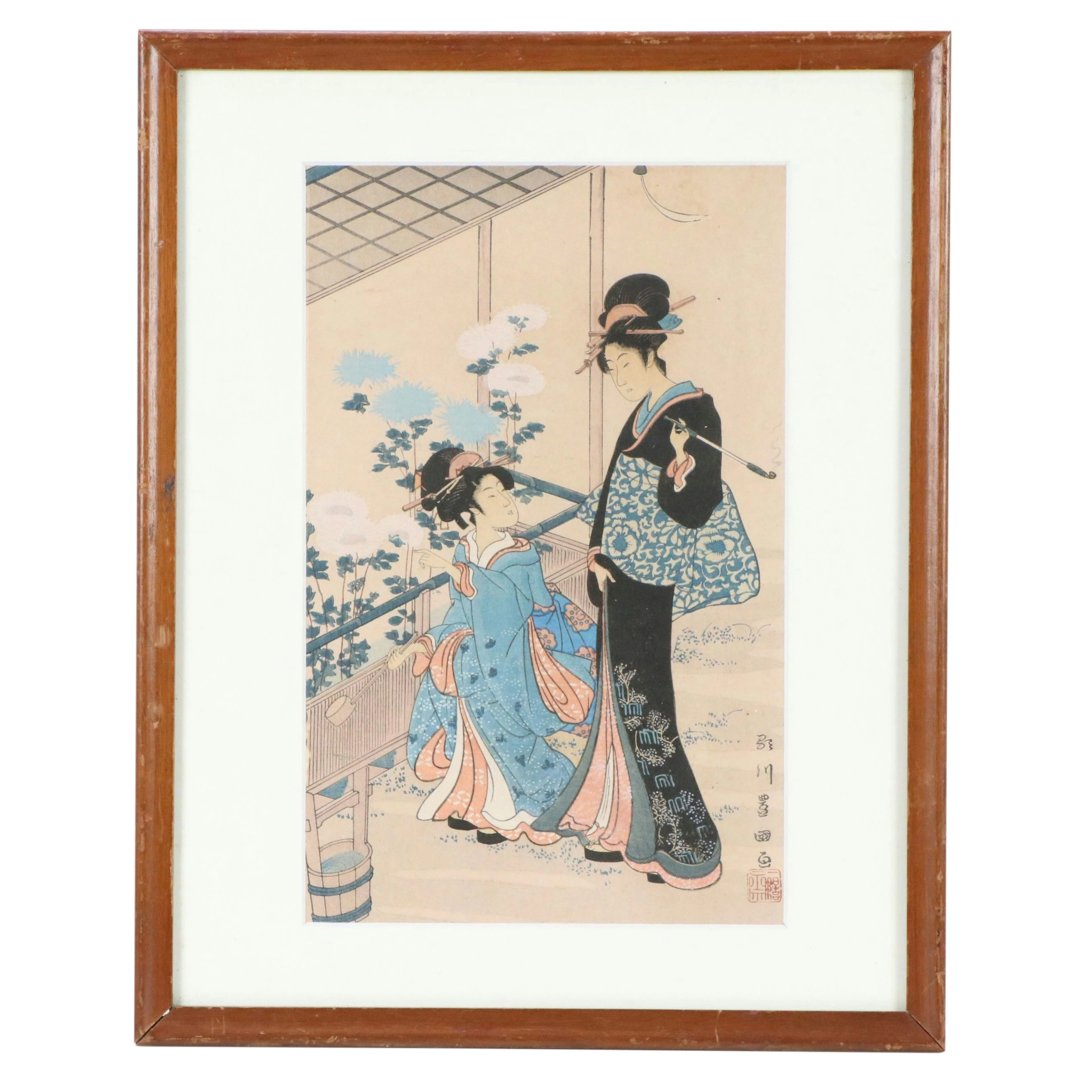 After Utagawa Toyokuni Ukiyo-e Woodblock "Beauties Looking Upon Chrysanthemum”