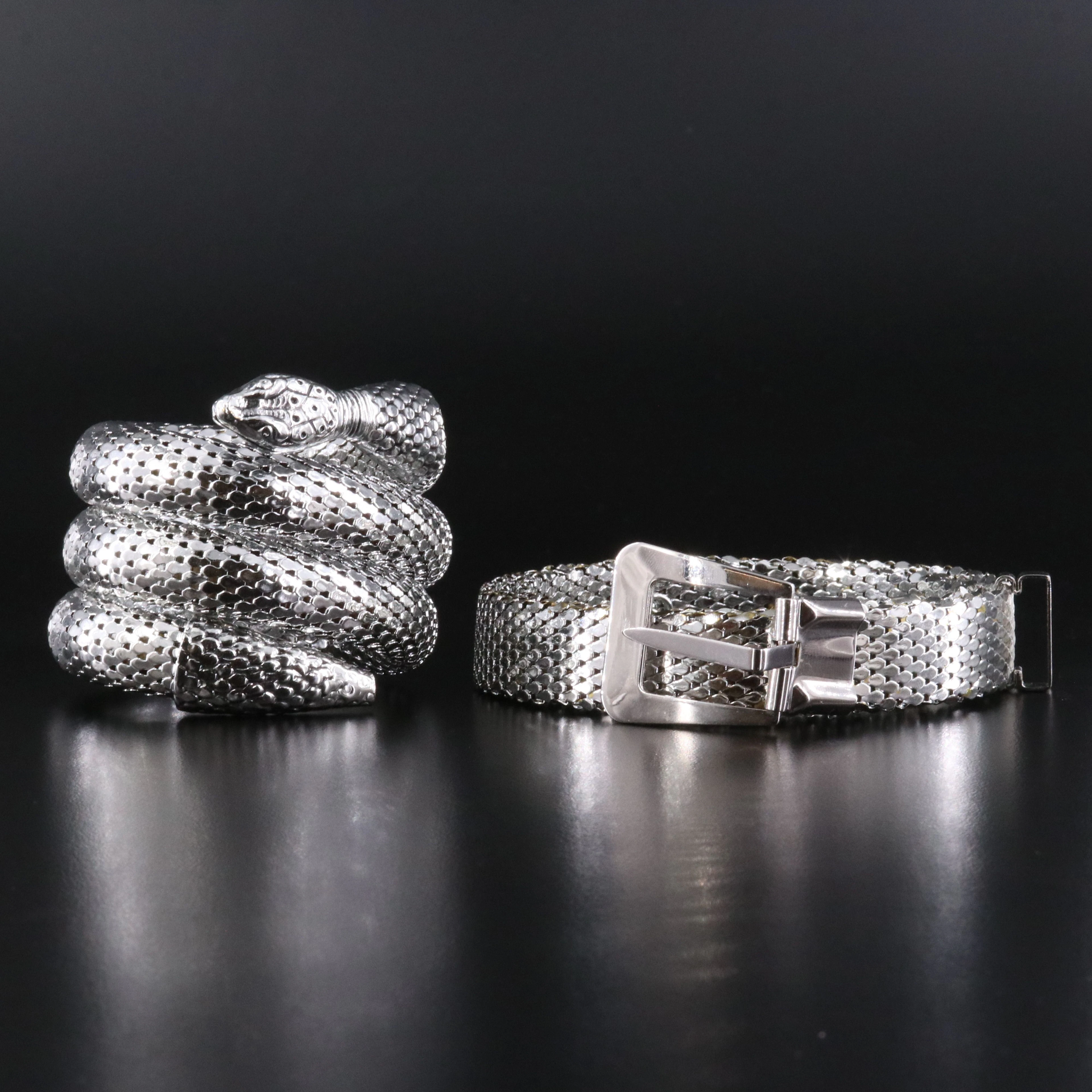 Whiting & Davis Co. Silver Tone Mesh Belt and Snake Coil Bracelet