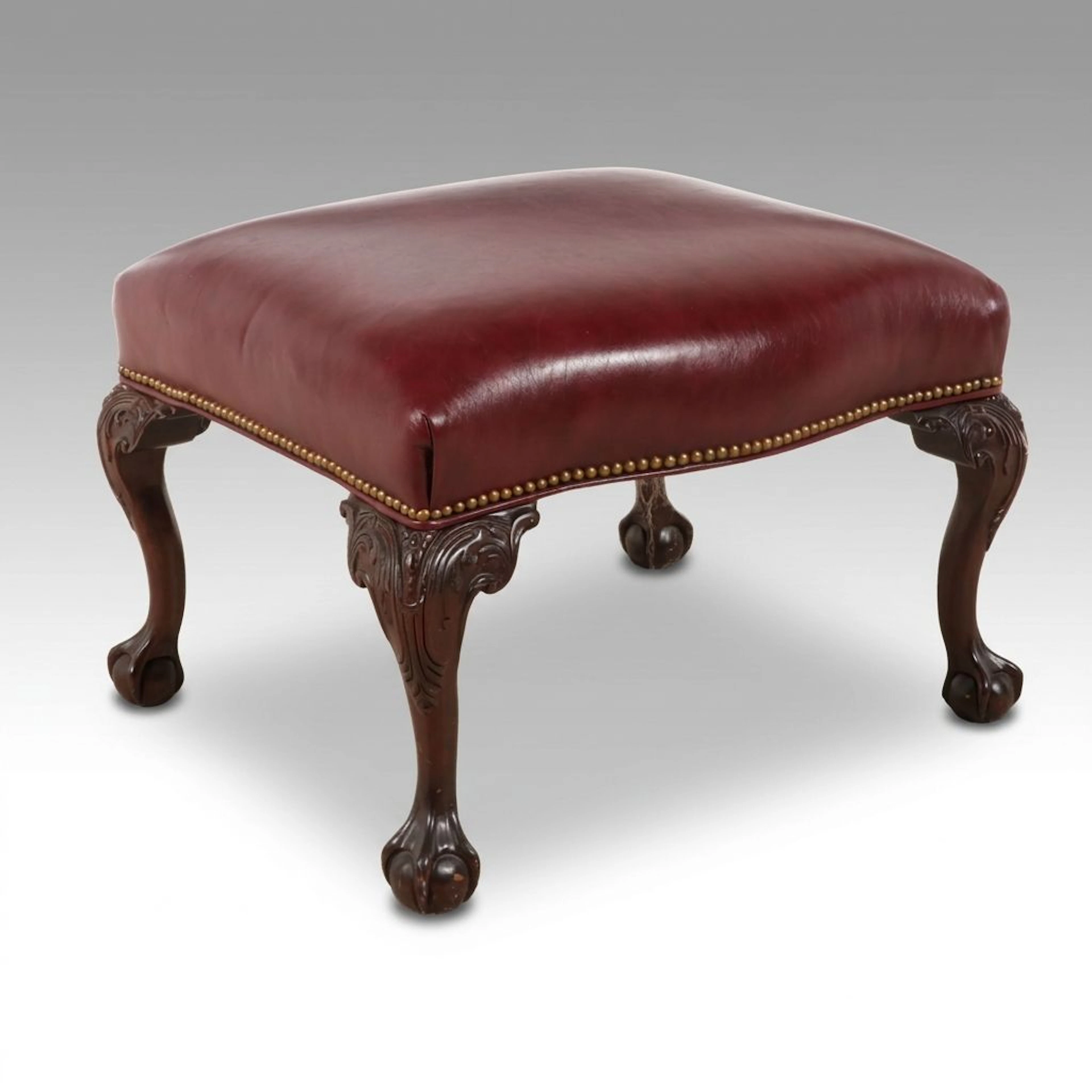 Chippendale Style Burgundy Leather Footstool Ottoman, Late 20th Century
