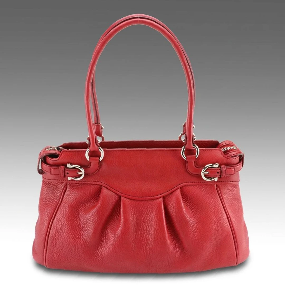 Salvatore Ferragamo Gancini Buckle Shoulder Bag in Red Grained Calfskin Leather