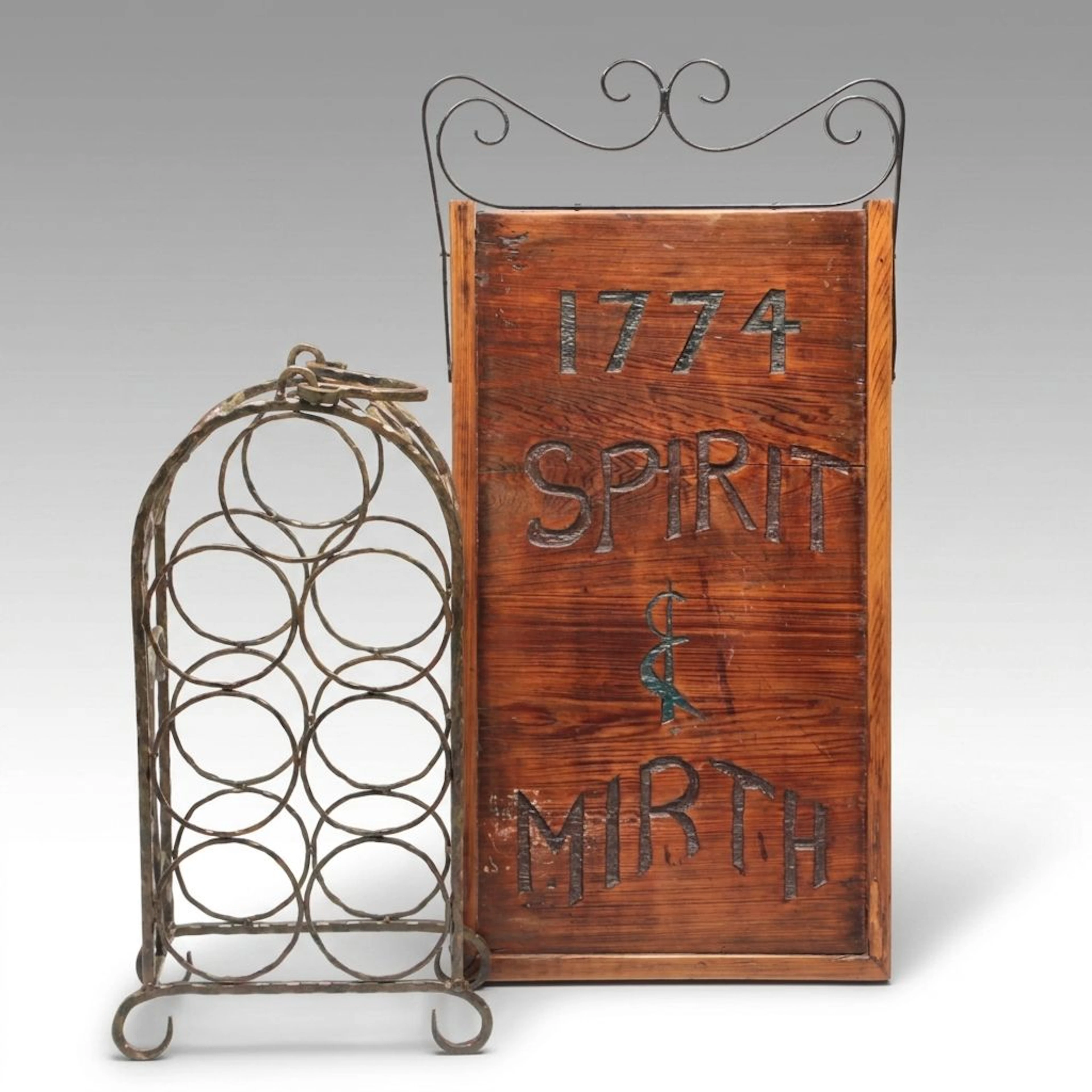 "Spirit and Mirth" Wooden Wall Sign and Metal Wine Rack