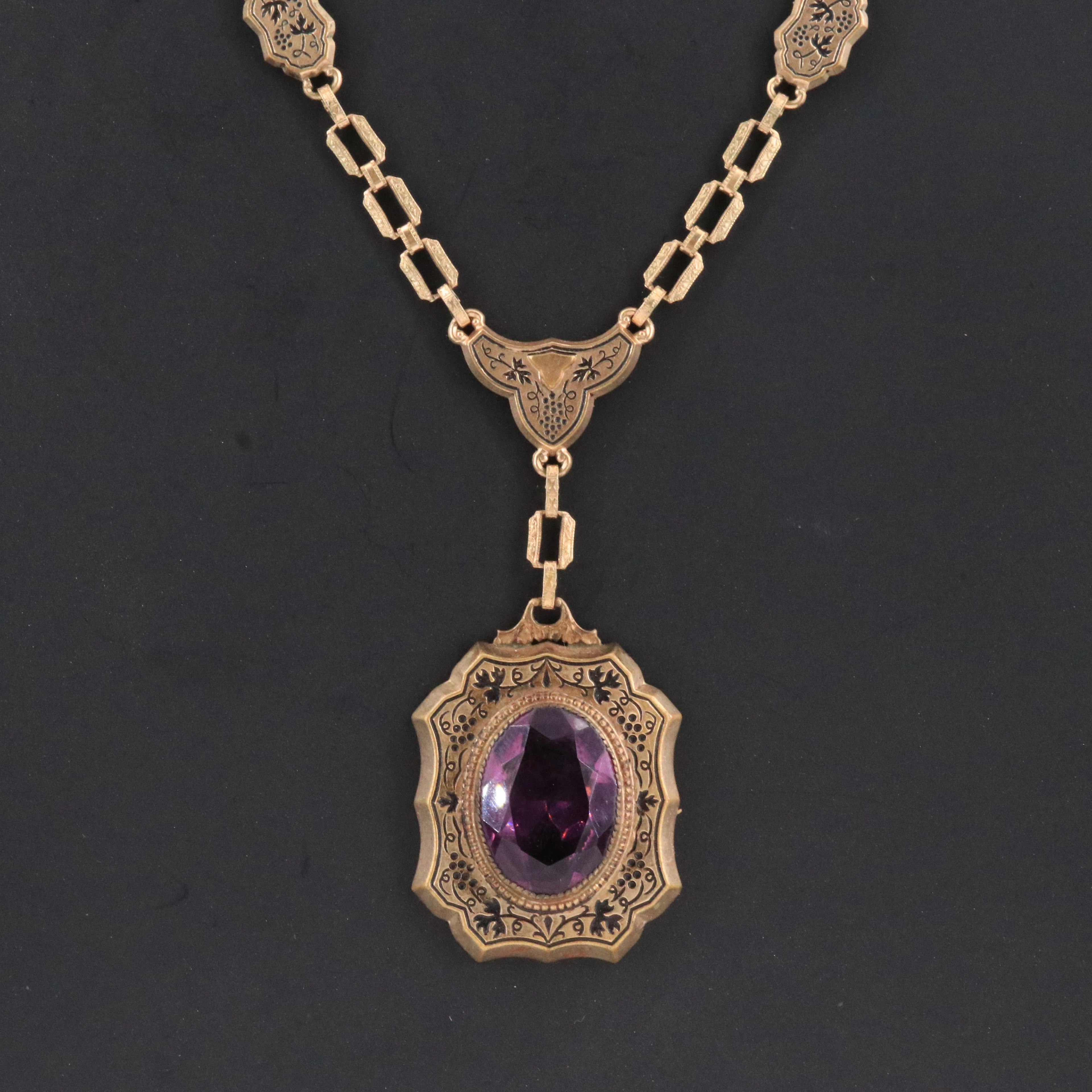 Victorian Revival Glass and Enamel Lavalier Necklace with Grapevine Motifs