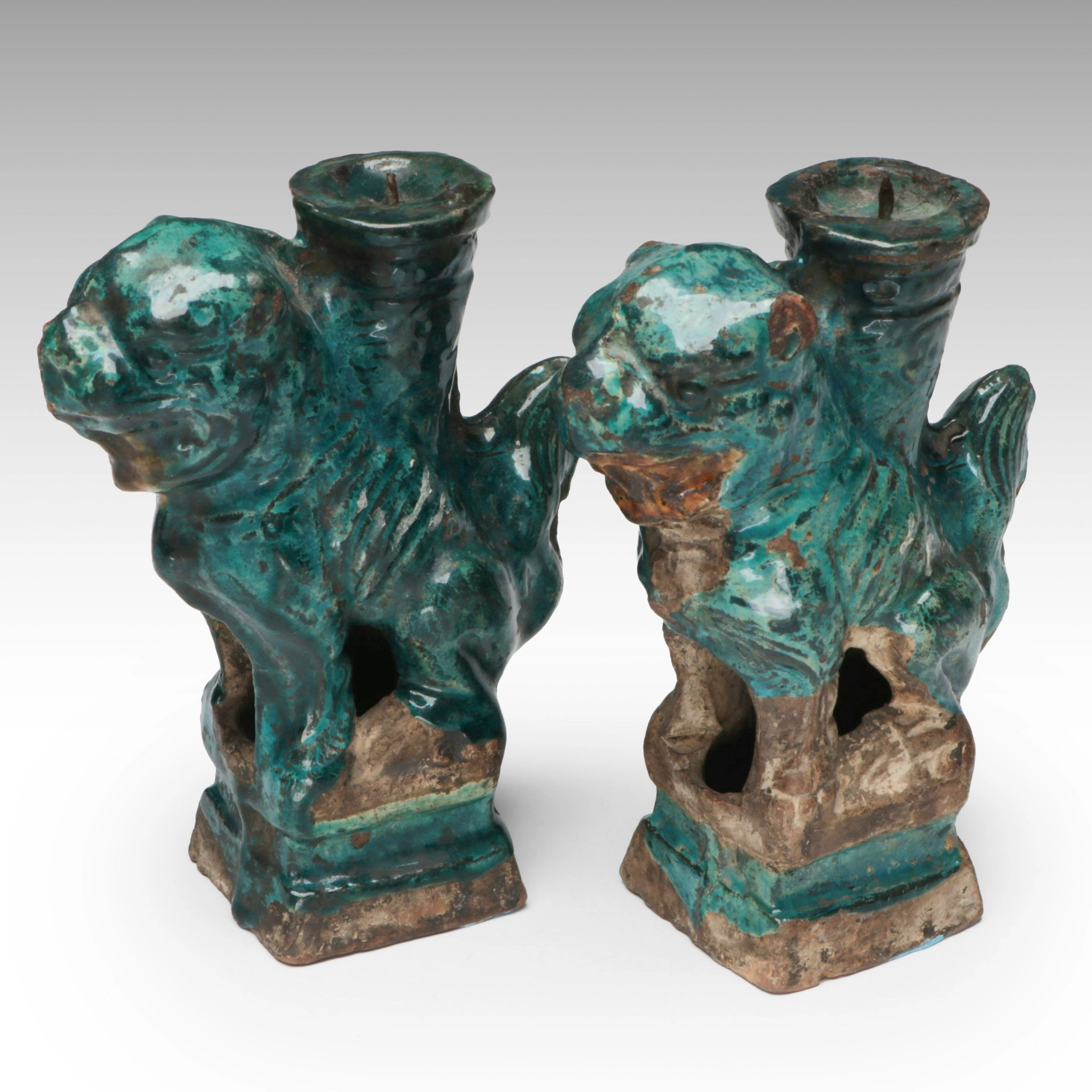 Chinese Antique Turquoise Glazed Ceramic Guardian Lion Candlesticks